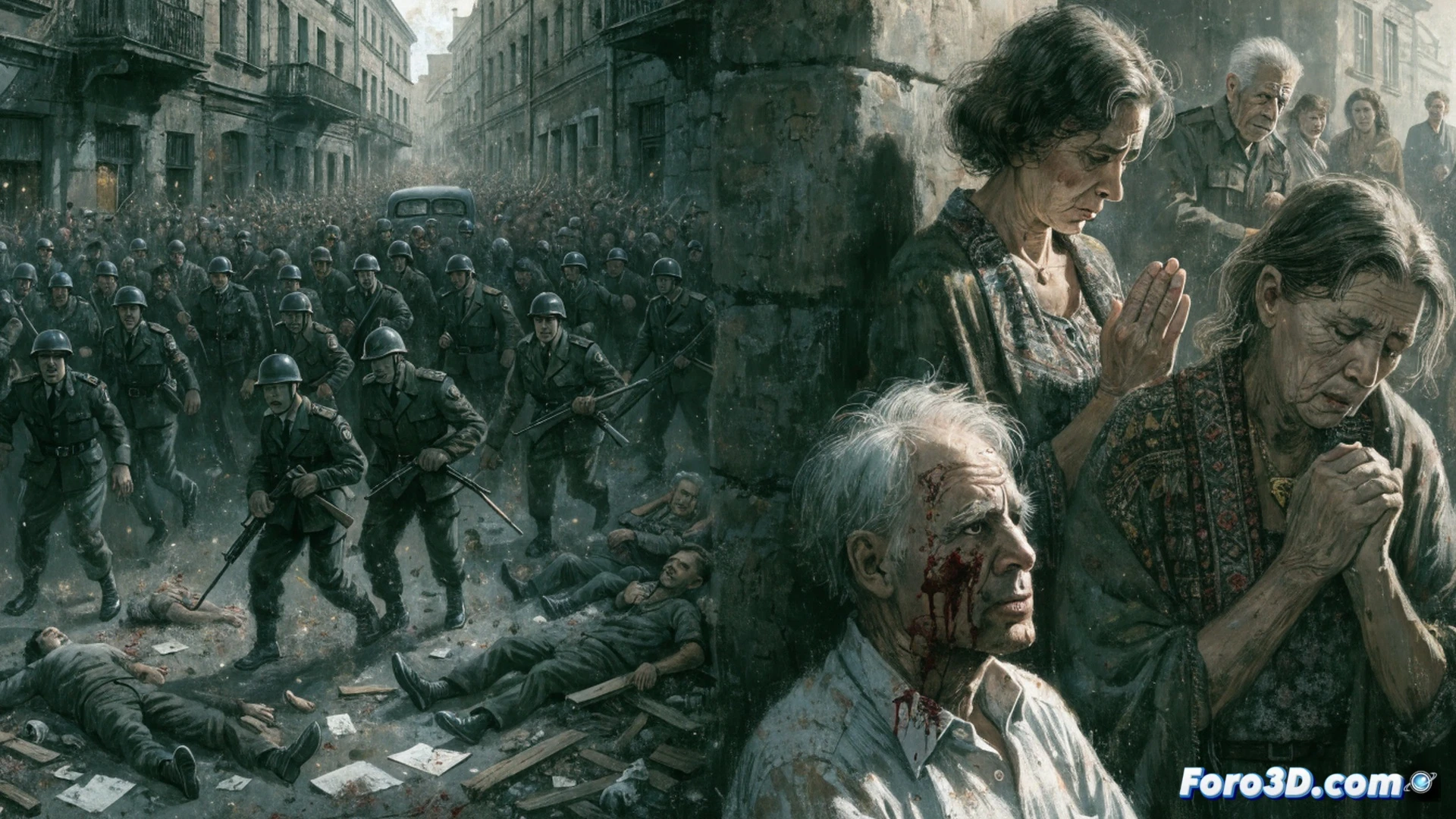 Multitud furiosa rodeando un edificio de ladrillo en una calle polaca de 1946, soldados con fusiles uniéndose a la turba mientras un hombre cae al suelo, policías con porras rompiendo ventanas, niños judíos siendo arrastrados por adultos violentos, papeles de propaganda antisemita volando entre el humo de antorchas, adoquines rotos y escombros esparcidos, estilo cinematográfico realista, iluminación gris y opresiva de posguerra, niebla baja, texturas de hormigón y madera desgastada, grano de película histórica, composición dramática con profundidad de campo, mostrando la acción sincronizada de la turba y las fuerzas del orden durante la masacre, photorealistic historical visualization