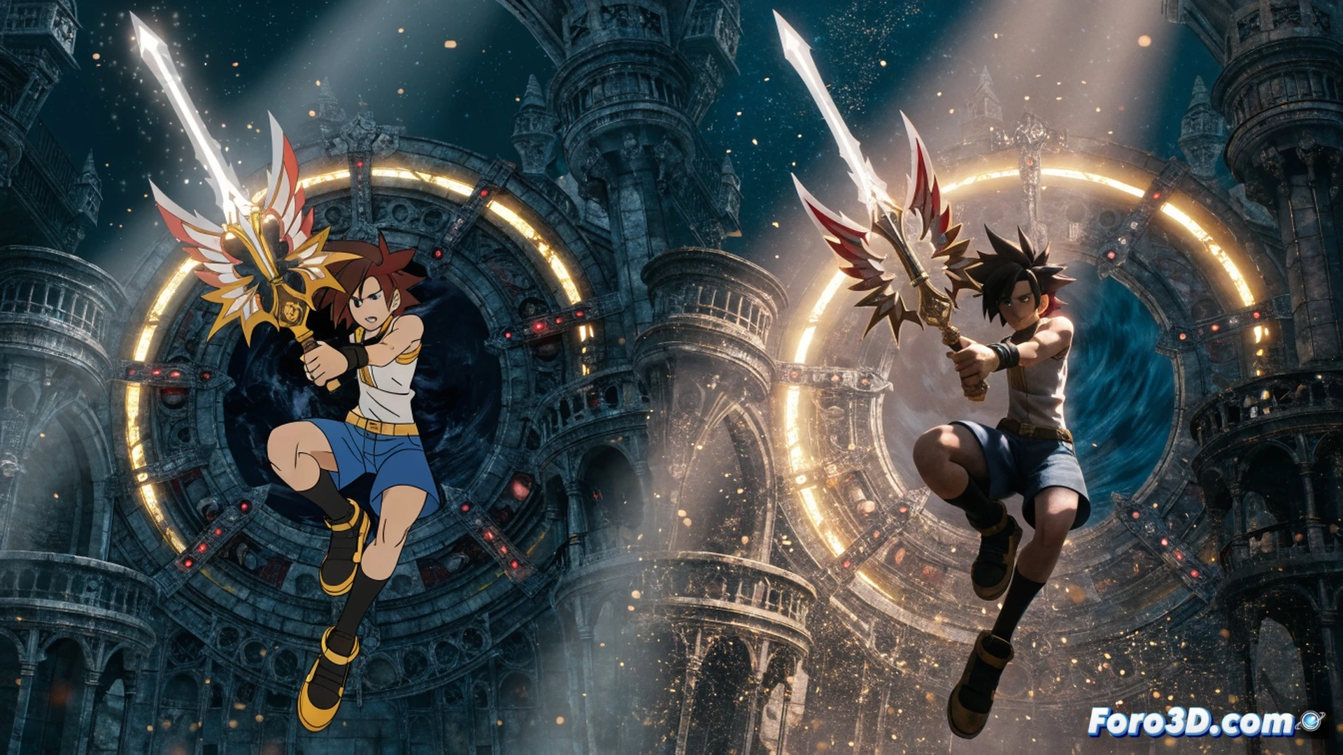 Sora abriendo una puerta estilizada de anime hacia una ciudad fotorrealista, con líneas de luz Lumen conectando ambos mundos, mientras partículas de estilo cartoon se disuelven en reflejos metálicos realistas, mostrando la transición técnica entre estilos visuales, Unreal Engine 5 interface holográfica flotante mostrando parámetros de iluminación global, personaje mitad render cel-shading mitad textura hiperrealista, demonios de sombra con bordes suaves cruzando el umbral, cinematic technical illustration, dramatic contrast between hand-drawn aesthetic and photorealistic urban environment, ultra-detailed architectural geometry, glowing energy rift scene