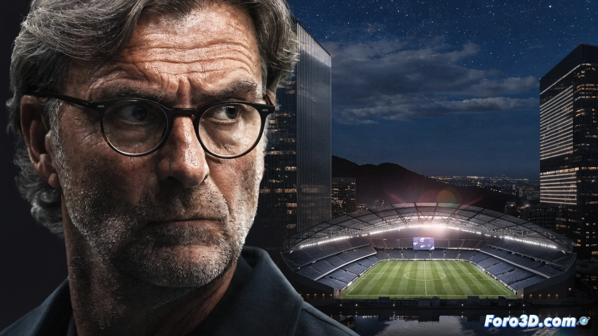 Jürgen Klopp en videoconferencia con directivos de la DFB, pantalla táctil mostrando formación táctica 4-3-3 con flechas de presión, mapa de calor digital sobre mesa de vidrio, su mano señalando diagrama táctico mientras sostiene tableta con datos de rendimiento, auriculares inalámbricos, fondo de sala de juntas minimalista, reloj marcando 2026, estilo cinematográfico fotorealista con iluminación azul corporativa, textura de pantalla OLED con líneas de código de análisis deportivo, ambiente de negociación intensa, primer plano de su rostro concentrado, reflejos de luz en superficies metálicas