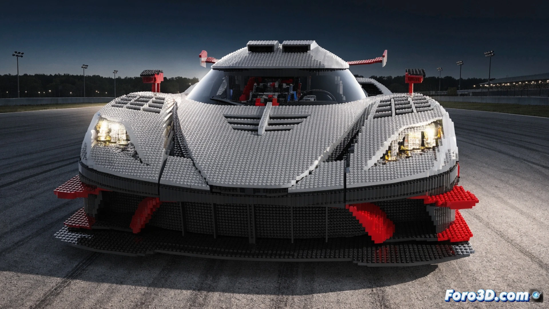 Koenigsegg Lego hypercar accelerating on Goodwood hill climb, 327,000 Lego Technic pieces forming functional chassis and gearbox, visible suspension components moving under load, wheels spinning at high speed with motion blur, aerodynamic Lego body panels catching sunlight, track surface blurring beneath, cockpit with detailed steering mechanism and pedal assembly, dramatic speed effect with wind streaks around the vehicle, photorealistic technical illustration, industrial lighting from overhead, ultra-detailed brick textures and mechanical joints, showcasing engineering precision and record-breaking action.