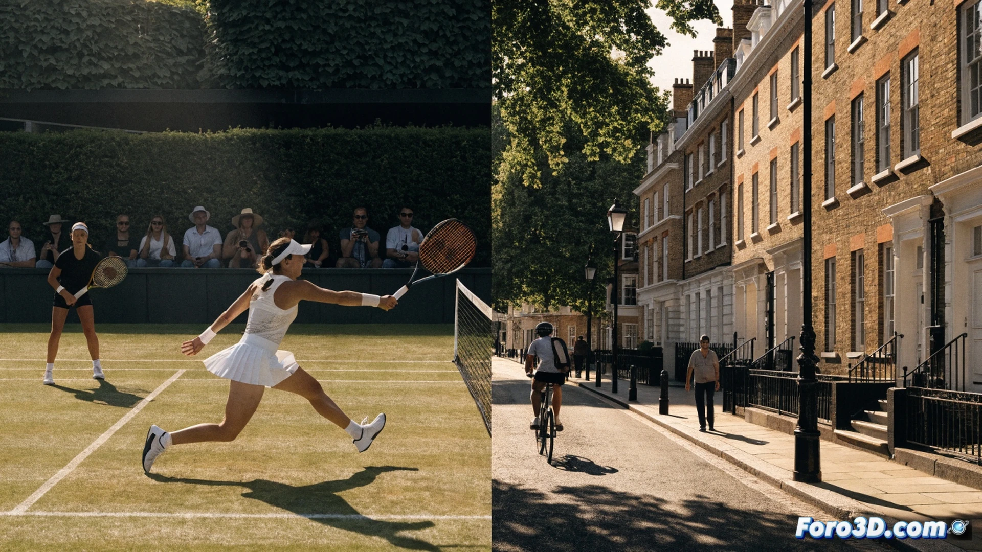 tennis court at Wimbledon during a match, Marta Kostyuk executing a powerful forehand stroke, Ashlyn Krueger lunging to return, grass surface with worn baseline marks, net tension cables and umpire chair visible, empty stands in background, bright daylight with soft shadows, technical sports visualization, photorealistic action shot, motion blur on racket and ball, sweat droplets frozen in mid-air, realistic fabric textures on clothing, cinematic depth of field, ultra-detailed grass blades, dynamic athletic pose