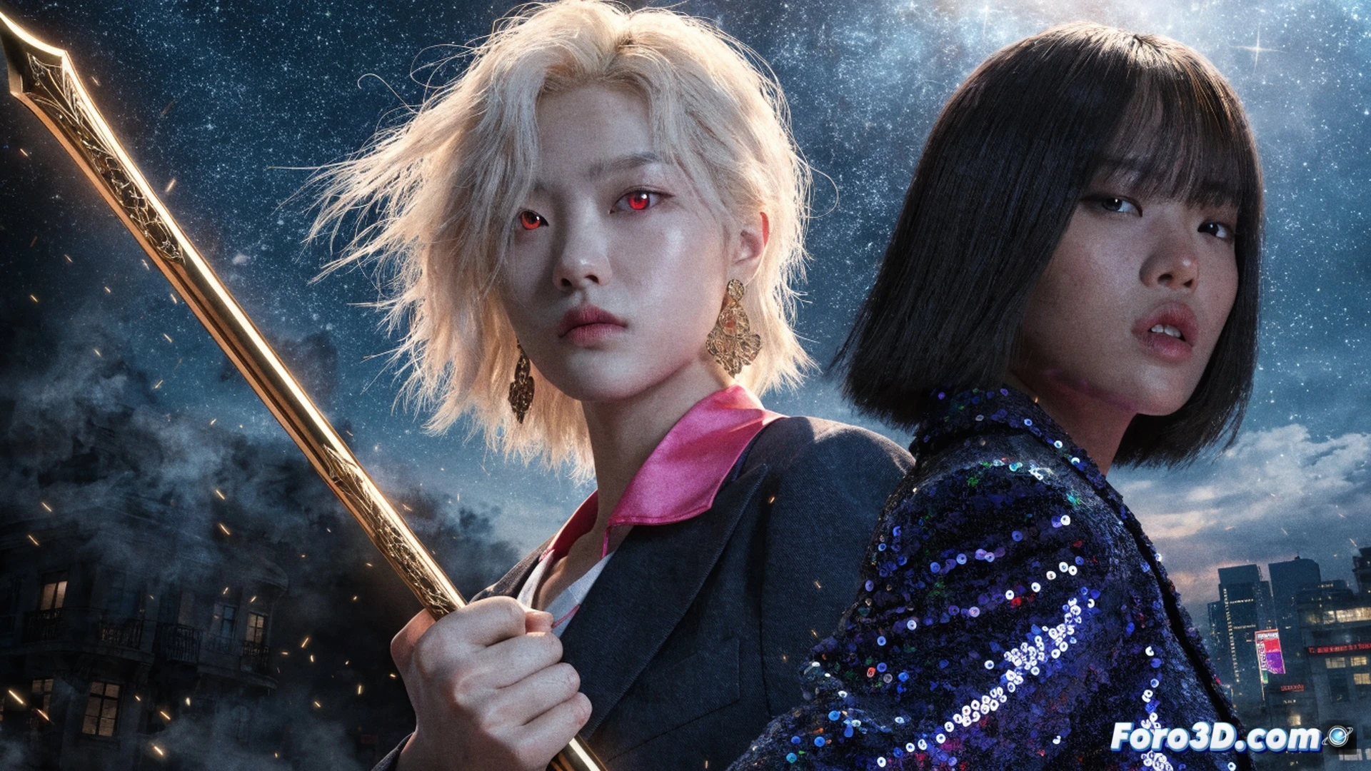 three young female kpop demon hunters in combat poses on a neon-lit rooftop at night, one holding a glowing microphone staff while a holographic interface displays demon detection data, another mid-kick with energy ribbons flowing from her boots, the third singing with soundwaves visibly disrupting a shadowy demon, cinematic action scene, dark blue and purple cyberpunk cityscape background, holographic screens showing technical readouts and waveform analysis, glowing particle effects, dramatic rim lighting, photorealistic digital painting style, ultra-detailed hair and costume textures, dynamic motion blur