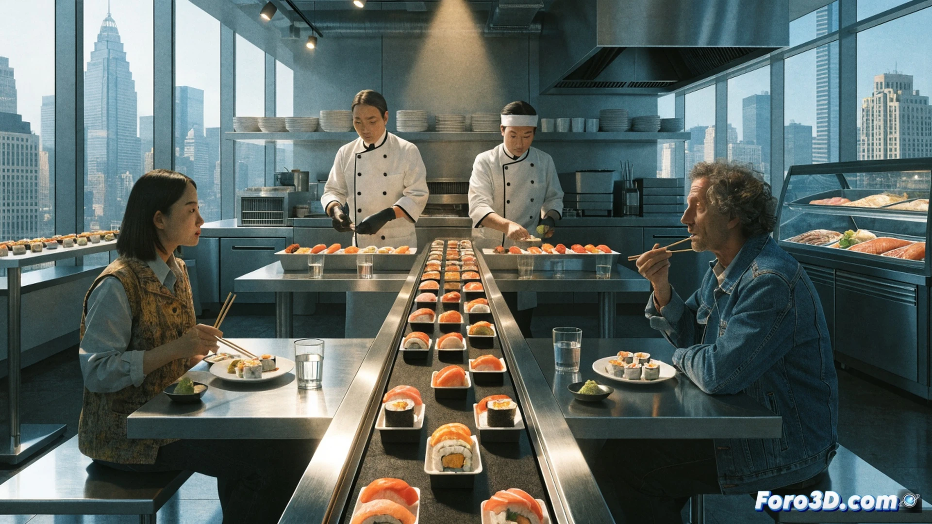 Kura Sushi conveyor belt system in a US restaurant interior, multiple robotic sushi plates moving along track while a chef places fresh nigiri onto belt, digital price display showing decreasing figures, restaurant expansion blueprint on wall behind counter with 300 new locations marked, cinematic photorealistic engineering visualization, warm ambient lighting, stainless steel kitchen equipment visible, customers seated and reaching for plates, dynamic motion blur on conveyor belt, ultra-detailed sushi textures, dramatic competitive atmosphere