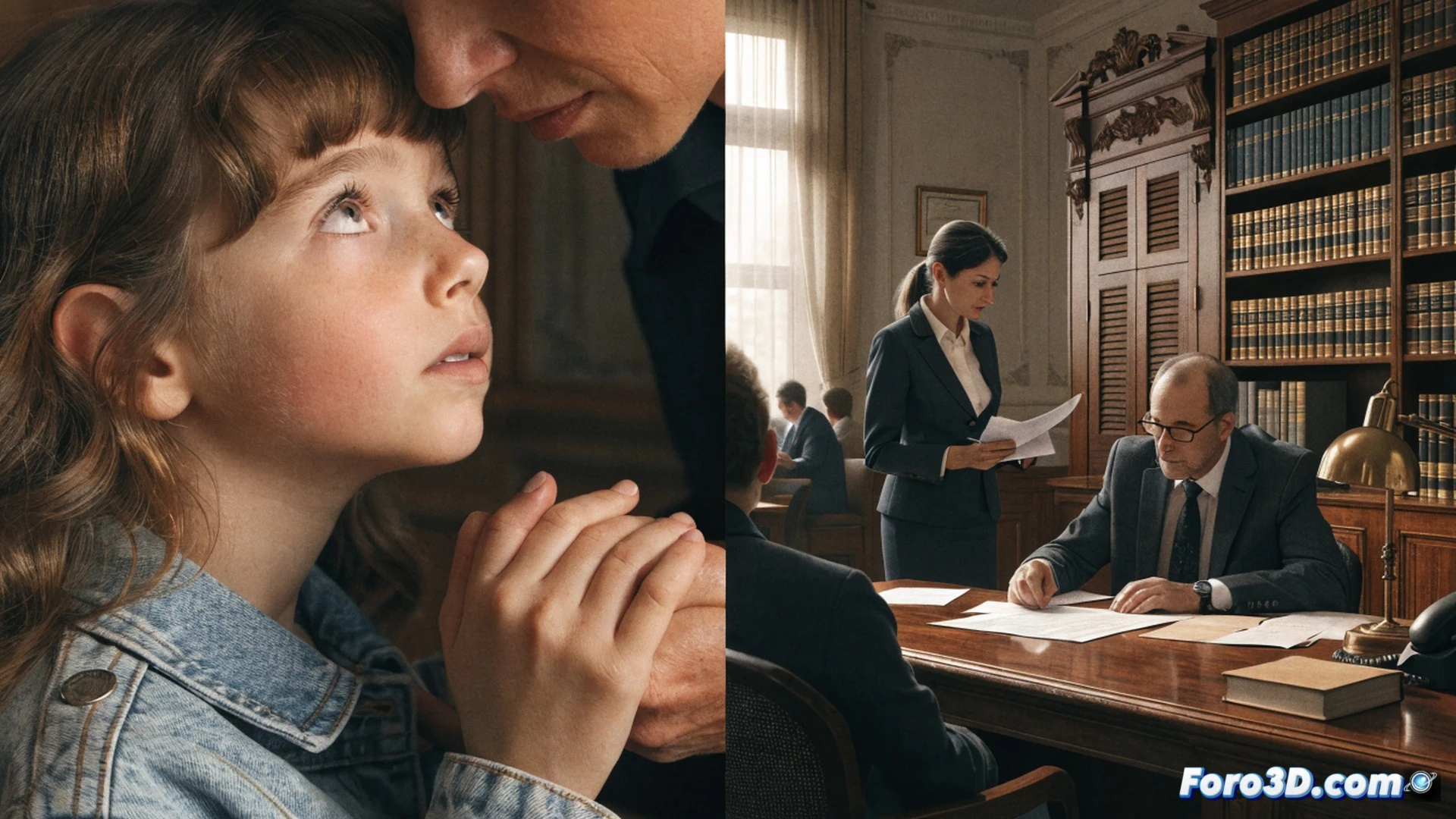 photorealistic scene of a German family court office, a judge's hand placing a biological family tree document on a scale, opposite side a single child silhouette waiting behind a bureaucratic glass partition, files stacked on a desk, a padlock on an adoption dossier, cold blue institutional lighting, clinical atmosphere, cinematic composition, shallow depth of field, technical illustration style, high contrast shadows, detailed textures of paper and glass