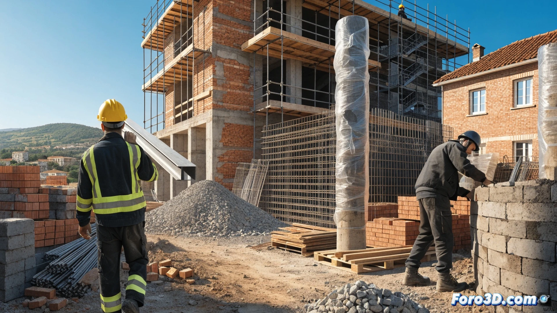 construction workers rebuilding a brick wall on a restored historic facade, scaffolding and safety nets visible, a worker using a trowel to apply mortar while another levels a brick with a spirit level, cement mixer and wheelbarrow in foreground, soft afternoon sunlight casting long shadows, photorealistic architectural scene, detailed brick textures and mortar joints, safety helmets and reflective vests, industrial background with crane and half-built structure, cinematic depth of field, warm earthy tones contrasting with blue sky