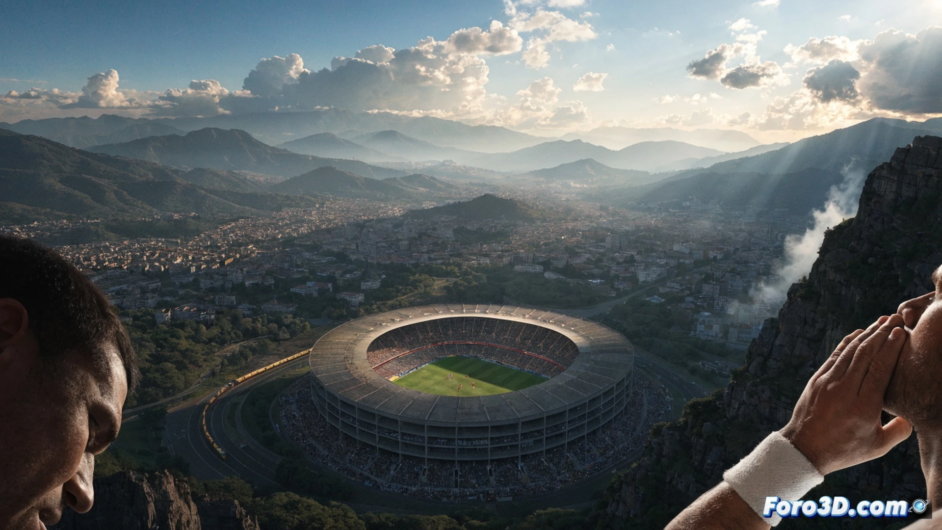 Estadio Azteca abarrotado durante un partido de fútbol, jugadores ingleses con camiseta blanca jadeando y llevándose las manos al pecho mientras corren lentamente, fondo con anotador electrónico mostrando altitud de 2200 metros, balón de fútbol con sensor GPS integrado flotando en el aire con trayectoria curva, gráfico de oxígeno disuelto en aire superpuesto en el cielo, médico del equipo usando un monitor portátil de saturación de oxígeno en la banda, estilo cinematográfico fotorrealista, iluminación dramática de estadio, texturas de césped y gradas detalladas, sudor visible en rostros, paleta de colores fríos contrastando con verde del campo, profundidad de campo reducida