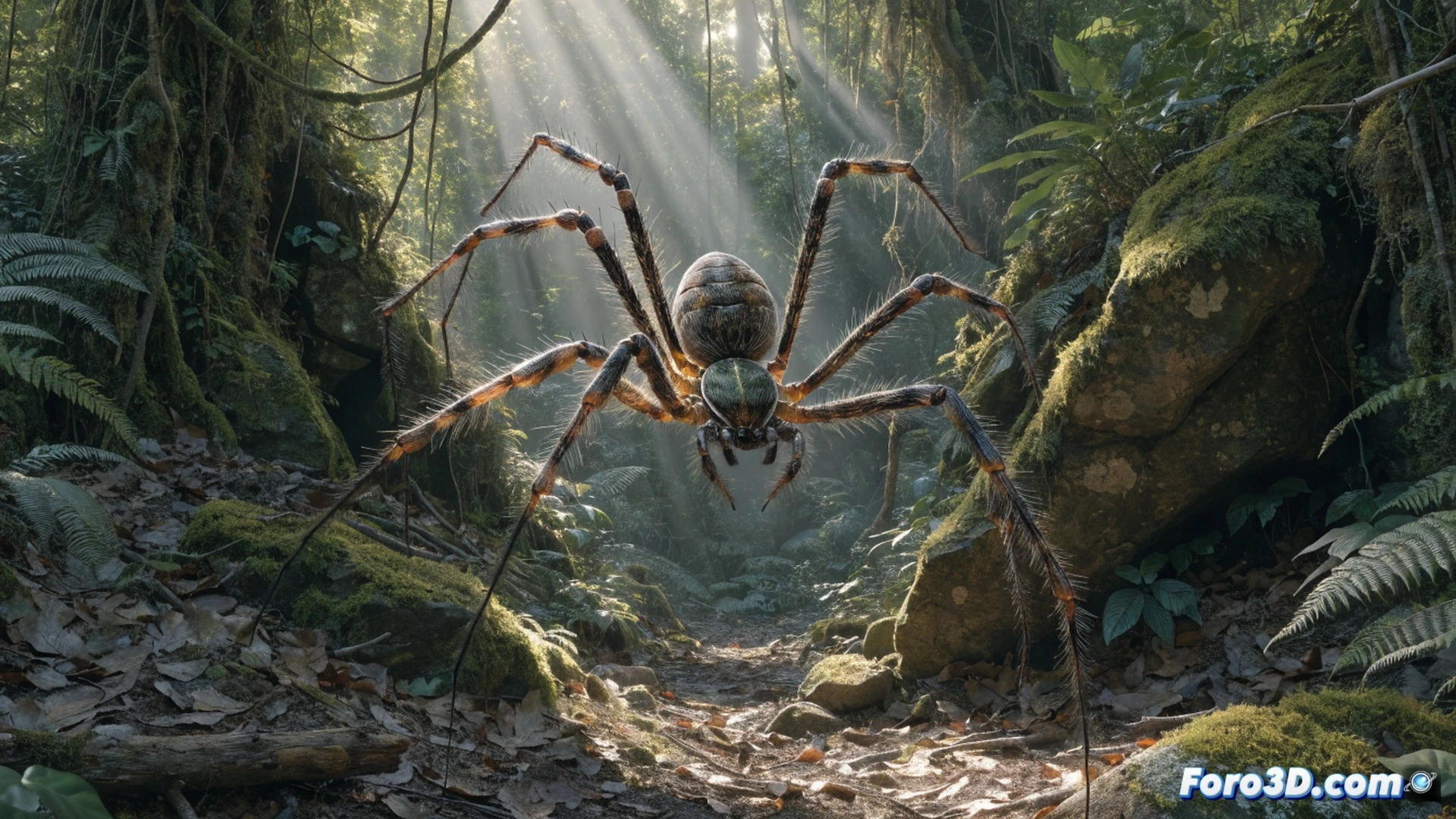 Australian jungle huntsman spider sprinting across wet eucalyptus bark at 3.59 m/s, long legs extended in mid-stride motion blur, high-speed camera flash freezing leg joints and claw tips, soil particles kicked up behind each leg, motion trails tracing leg arcs, photorealistic macro photography style, shallow depth of field with out-of-focus rainforest background, dramatic side lighting emphasizing leg length and muscle structure, ultra-detailed exoskeleton texture, scientific visualization with clear action sequence, cinematic nature documentary aesthetic