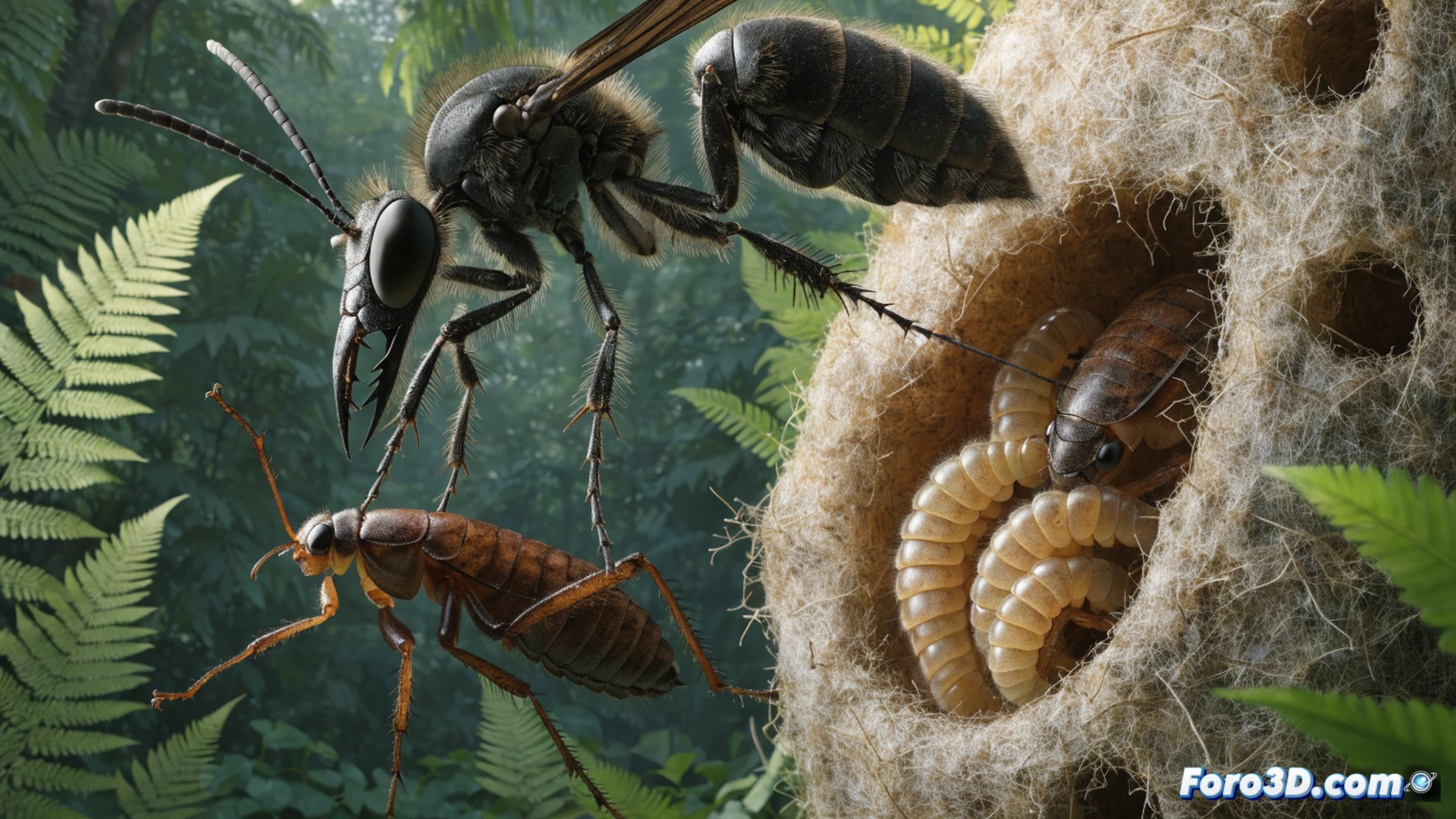 Avispa dementor arrastrando una cucaracha zombificada por el suelo del bosque tailandés, cucaracha con ojos opacos y patas inmóviles mientras el insecto la sujeta con sus mandíbulas, fondo de hojas húmedas y troncos musgosos, detalle del aguijón inyectando veneno en el tórax del huésped, proceso de parasitismo mostrando larvas dentro del nido subterráneo devorando al huésped consciente, estilo cinematográfico hiperrealista, iluminación dramática con sombras profundas, texturas naturales ultradefinidas, macrofotografía técnica, acción congelada en el momento del arrastre.