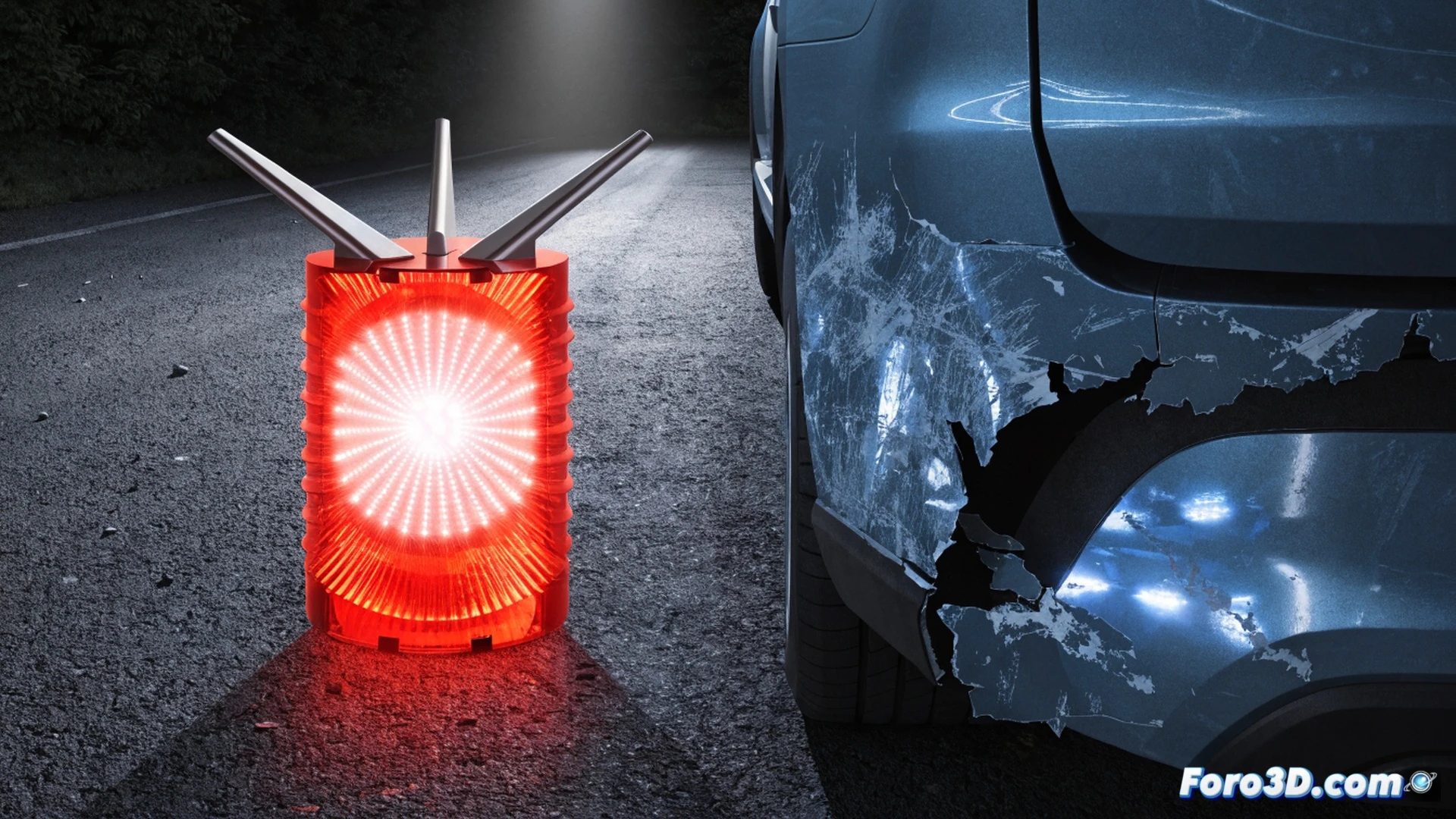 Baliza V16 conectada emitiendo luz naranja intermitente sobre el techo de un coche averiado en el arcén, conductor permanece dentro del vehículo con cinturón puesto mientras mira el móvil mostrando la app de emergencia, al fondo un camión de asistencia se aproxima, otro coche reduce velocidad al detectar la señal, carretera nocturna mojada, ingeniería de tráfico inteligente, estilo cinematográfico fotorrealista, iluminación dramática de faros y reflectores, detalles técnicos del dispositivo con antena y LED visibles, sensación de seguridad y prevención de atropellos