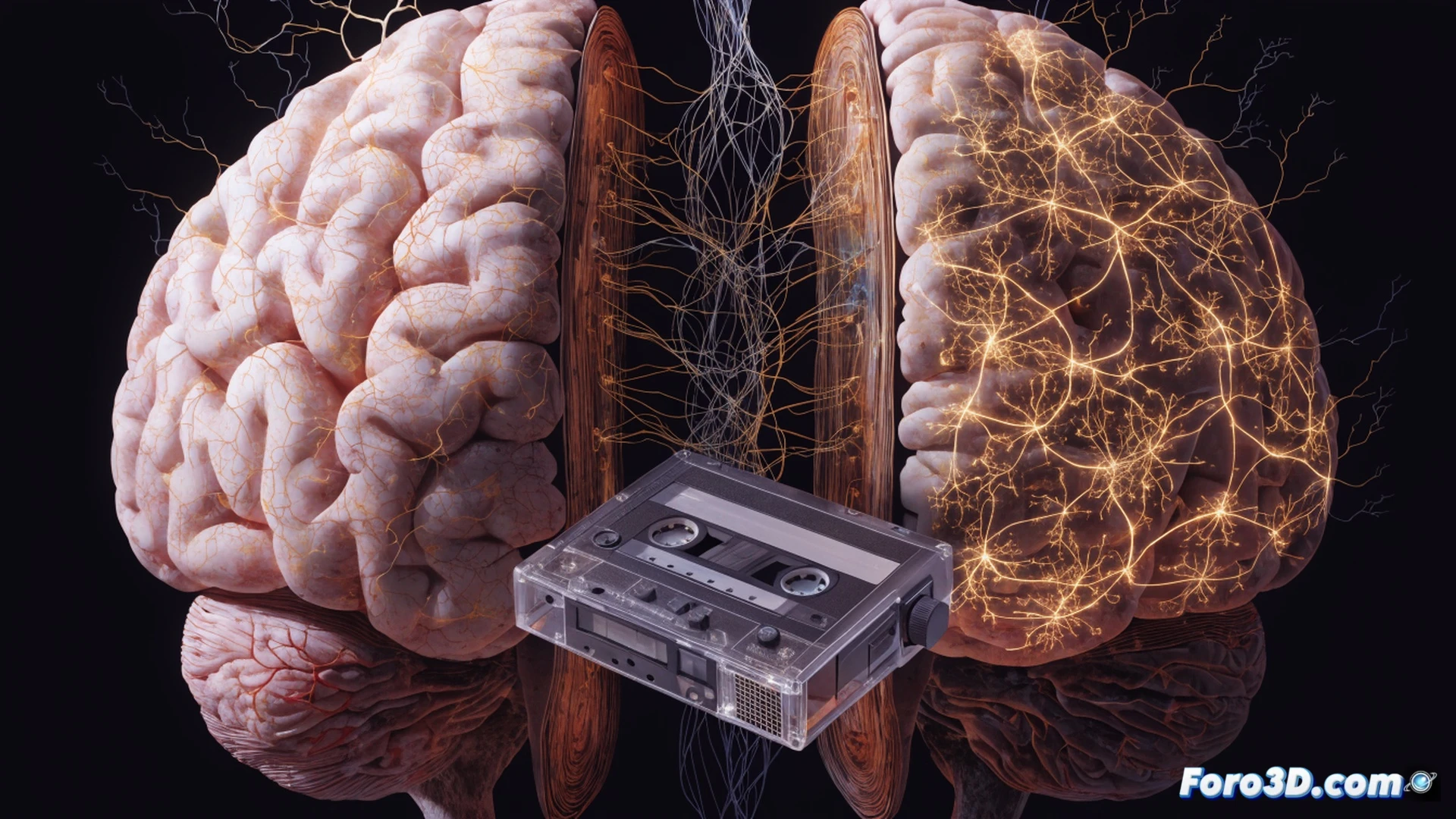Adolescent brain neural network during music playback, glowing synaptic connections firing across temporal and prefrontal cortex regions, vintage cassette tape floating near ear canal, sound waves morphing into luminous memory pathways, teenage figure silhouetted in dim bedroom while headphones emit pulsing light, dopamine receptors highlighted in bright orange, hippocampus region illuminated in deep blue, cinematic neuroscience visualization, dramatic chiaroscuro lighting, photorealistic brain anatomy with translucent layers, dynamic particle flow representing emotional recall, ultra-detailed neural structures, medical illustration style with artistic flair
