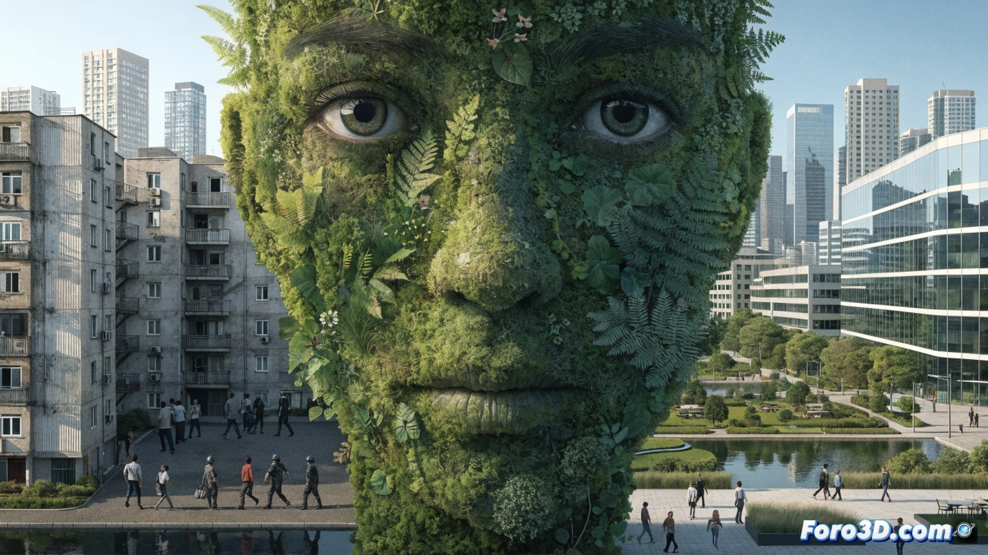 urban regeneration scene, city workers planting saplings in a newly paved park while in the background a family packs belongings into a moving truck, construction crane lifting a luxury tower behind, photorealistic architectural visualization, dramatic contrast between bright green grass and dark asphalt, middle-aged couple watching from a bench with worried expressions, empty public housing sign on a nearby wall, overcast sky casting long shadows, high detail urban materials, cinematic documentary style lighting, wide-angle lens capturing spatial contradiction