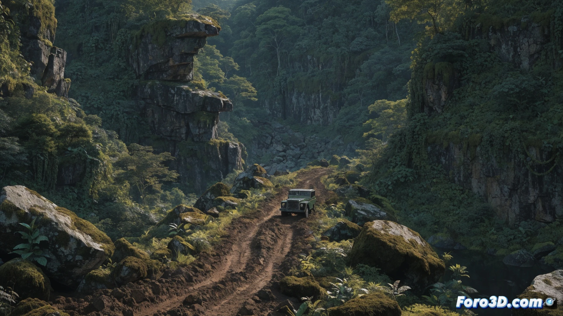 Un Land Rover verde oliva de 1961 atrapado en lodo espeso bajo la selva del Darién, neumáticos girando sin tracción mientras barro salpica el chasis y herramientas de rescate yacen en el suelo, un mapa topográfico desplegado sobre el capó muestra una línea punteada que se desvanece en la vegetación, ramas y lianas cuelgan densas alrededor, mosquitos visibles cerca de faros polvorientos, estilo cinematográfico fotorrealista, iluminación dramática de dosel filtrando rayos de sol, texturas de óxido y barro visibles, composición de aventura técnica abandonada.