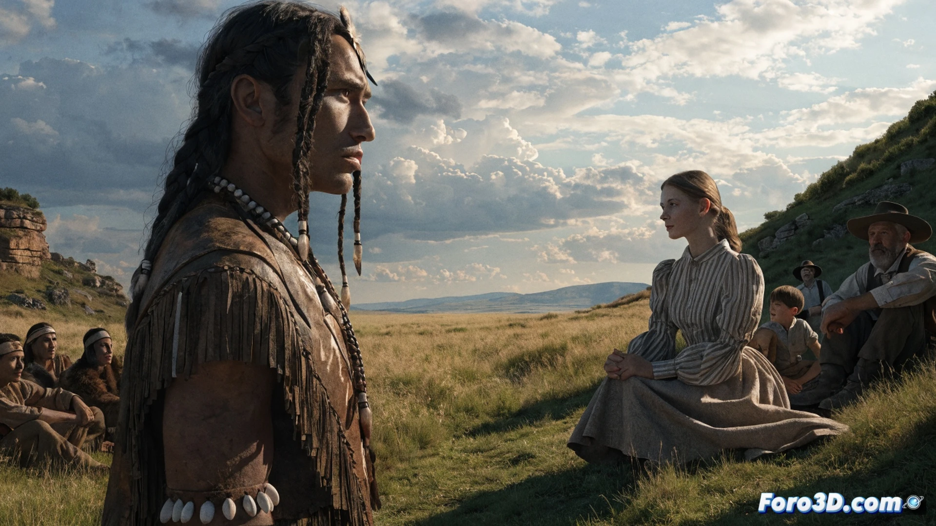 prairie landscape at sunset, two wooden houses side by side, one pioneer cabin with laundry hanging and a broken wagon wheel leaning against it, one Osage longhouse with woven mats and drying herbs, children from both families playing together with a wooden toy horse while a woman in a pioneer dress and an Osage woman in traditional clothing exchange woven baskets, dramatic golden hour lighting, smoke rising from both chimneys, tall grass swaying in wind, cinematic wide shot, photorealistic historical illustration, warm amber tones, soft lens flare, ultra-detailed textures on wood and fabric