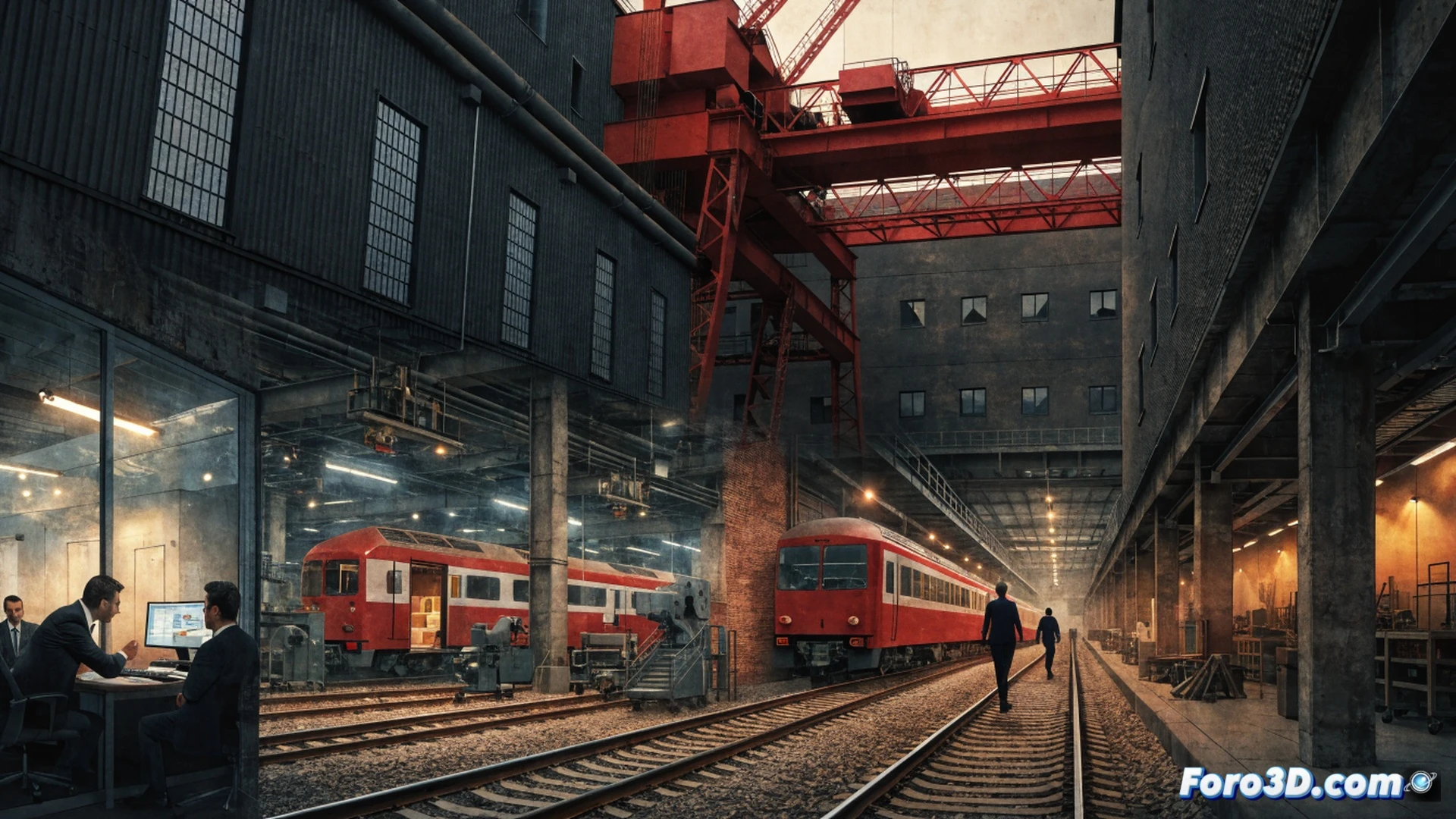 photorealistic technical illustration, aerial view of a high-speed train maintenance facility, a modern Iryo train blocked by a massive locked gate at the entrance of the La Sagra workshop, Renfe technicians standing idle near a control panel inside the hangar, while Iryo mechanics outside inspect a disabled train wheel assembly, railway tracks splitting into two diverging paths, one leading to an empty repair bay, the other blocked by a red barrier, dramatic industrial lighting, metallic reflections on tools and hydraulic jacks, cinematic engineering visualization, ultra-detailed mechanical components, cold blue and warm orange contrast