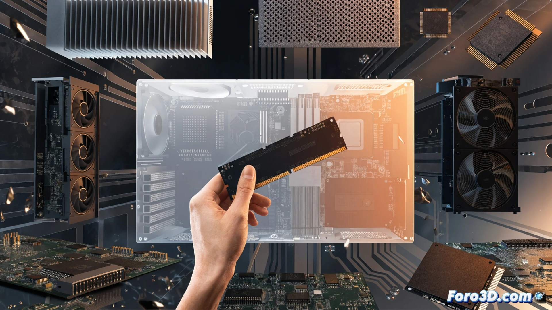 Photorealistic technical illustration of a partially disassembled gaming PC on a wooden desk, a user’s hand inserting a DDR5 RAM stick into a motherboard slot while a digital overlay shows Steam hardware survey graph with a red declining bar for SSD storage above 1TB, another hand holds a 2.5-inch SATA SSD beside an open tool kit with screwdriver and thermal paste, scattered empty component boxes nearby, dramatic side lighting casting shadows on the motherboard, high-contrast industrial mood, ultra-detailed PCB traces and capacitor textures, cinematic depth of field