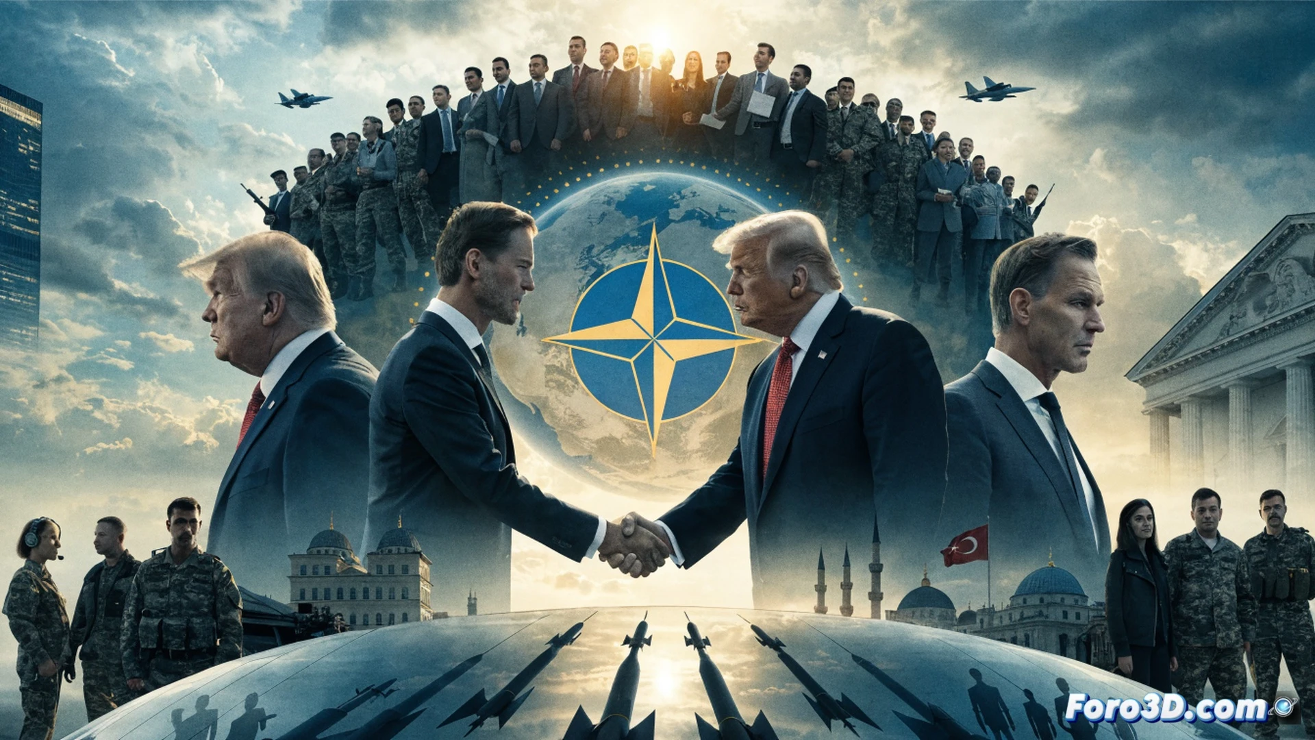 photorealistic cinematic scene of a military command center during a crisis, NATO officers analyzing a glowing digital world map with shifting borders and red warning markers, a roulette wheel superimposed on the screen symbolizing unpredictable security decisions, Mark Rutte and Trump silhouette figures facing each other across a polished metal table with a broken alliance emblem, radar screens flickering with interference, data cables tangled on the floor, dramatic low-angle lighting casting long shadows, metallic surfaces reflecting urgent red alarm lights, technical illustration style with ultra-detailed hardware
