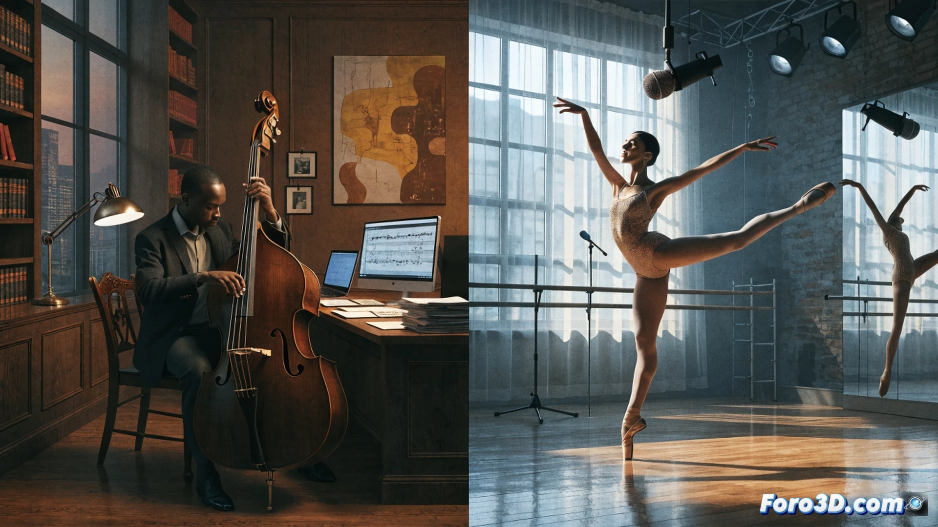dancers and musicians on two separate salary scales inside a ministry of culture office, a ballet dancer in mid-leap showing physical effort while a seated musician plays a violin, salary charts on a desk showing disparity, dance shoes and sheet music scattered, tension in the room, cinematic photorealistic style, dramatic chiaroscuro lighting, detailed facial expressions of frustration, polished wood floor and modern office interior, ultra-detailed textures, technical editorial illustration