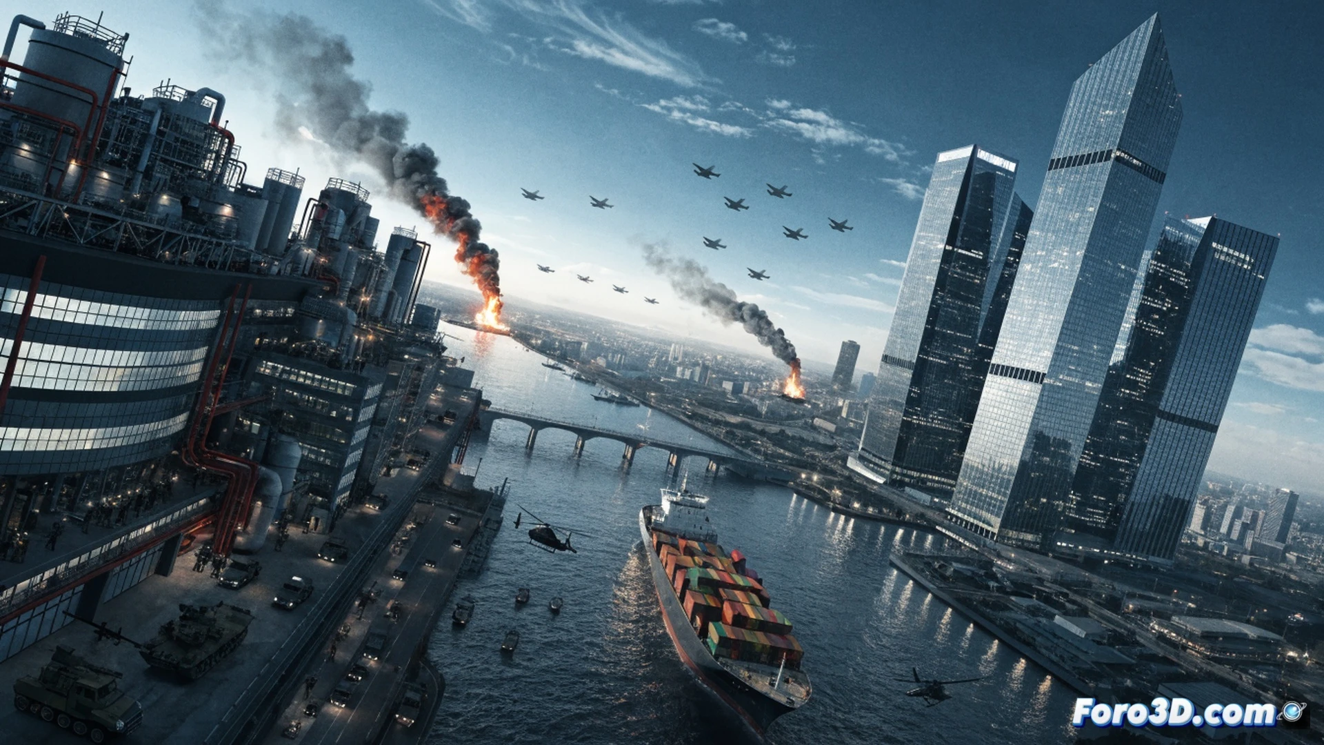 Aerial view of a cracked globe splitting apart, one half labeled with US dollar signs and the other with Chinese yuan symbols, a frayed trade rope snapping between them, factory smokestacks collapsing into unemployment lines below, workers holding empty toolboxes while military drones cast shadows over the scene, cinematic photorealistic engineering visualization, dramatic storm lighting, debris suspended mid-air, global supply chain routes glowing red then fading, hyper-detailed mechanical globe structure, industrial decay textures, tension and fracture visible in every component