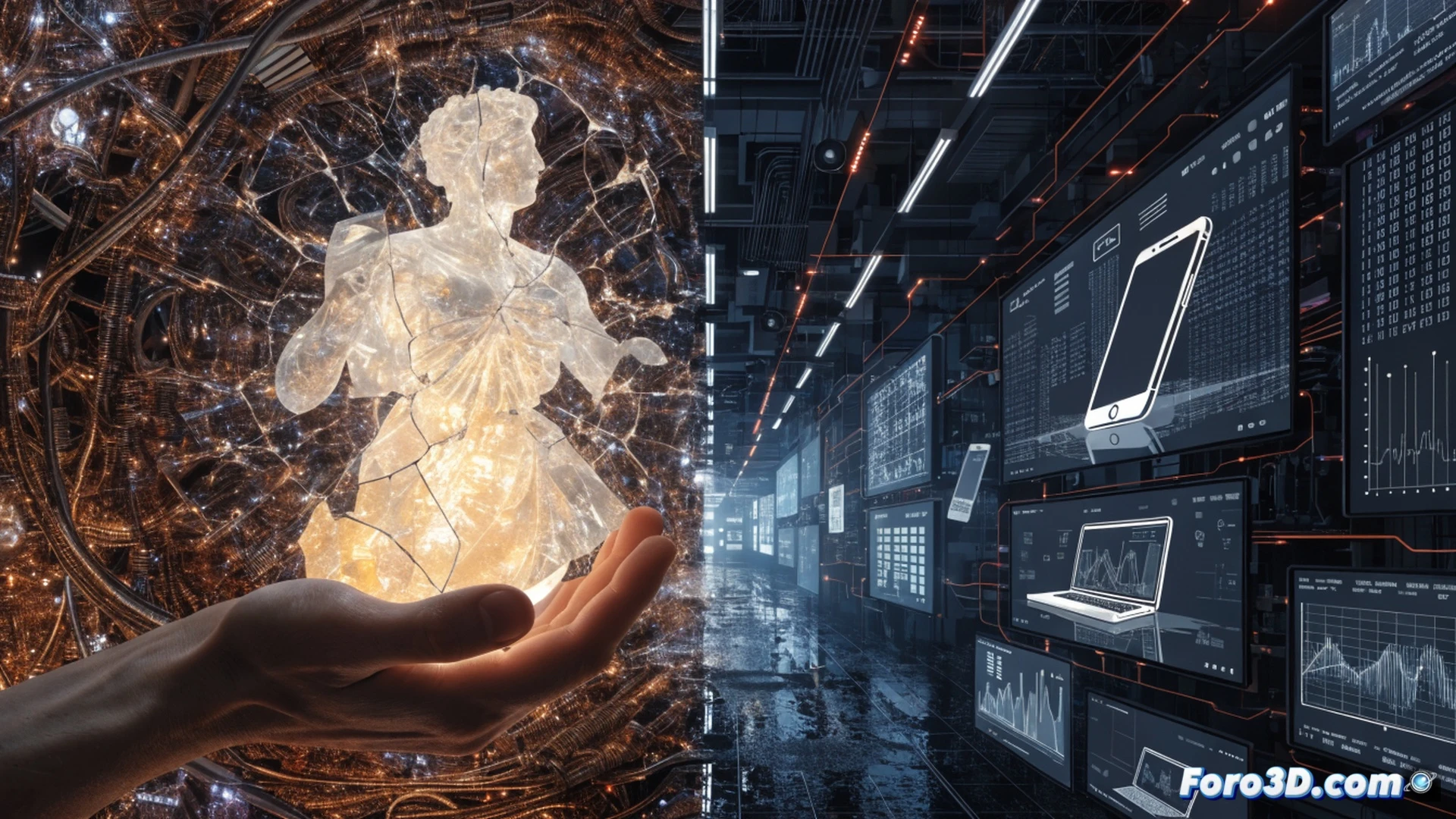 photorealistic digital scene showing a transparent hand reaching for a glowing software box that dissolves into scattered pixels before touching it, while a corporate server tower in the background displays a padlock icon over a user profile, user trying to lend a digital game disc to another person but the disc turns into a chain linked to a cloud server, cinematic lighting with cold blue corporate tones and warm amber consumer side, high contrast shadows, ultra-detailed hardware textures, dramatic composition highlighting the moment of ownership loss, technical illustration style
