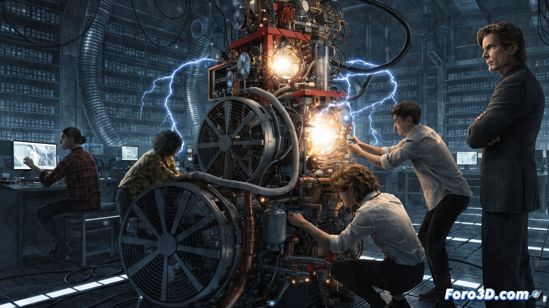 A sunlit workshop filled with holographic blueprints and scattered tools, a prototype cleaning machine with exposed circuits and unstable energy arcs sparking from its core, young inventors in safety goggles adjusting a glowing turbine while monitoring a shaking diagnostic screen, metallic debris being drawn into a vibrating intake vent, concerned citizens visible through a glass wall observing the chaotic test, cinematic engineering visualization, dramatic industrial lighting, photorealistic technical render, motion blur around the machine's vibrating components, detailed mechanical internals with copper wiring and coolant tubes.