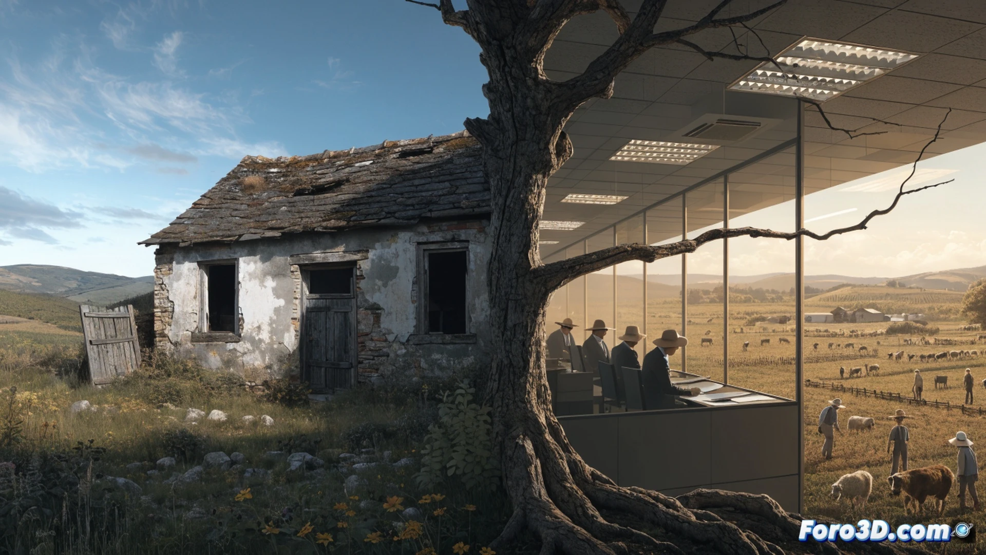 abandoned spanish village street at sunset, rusty tractor blocking dirt road, overgrown weeds cracking asphalt, broken irrigation pipe leaking water, empty cattle trough with faded EU regulation sign, dry soil cracking under heat, solitary farmer in dirty overalls staring at bureaucratic paper stack on wooden table, laptop with spreadsheet showing red numbers, wilting olive trees in background, cinematic photorealistic style, dramatic golden hour lighting, dust particles in air, deep shadows, rural decay atmosphere, ultra-detailed textures of rust and dry earth