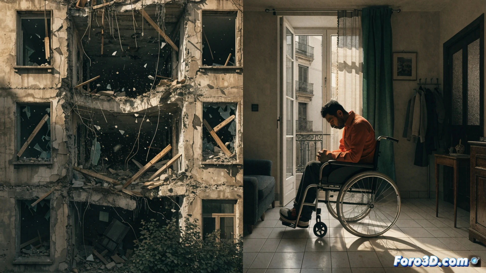 construction worker crushed by falling building facade in Barcelona, man in blue work vest pinned beneath collapsed brick wall section, twisted metal scaffolding bars protruding from debris, broken concrete blocks and dust cloud settling, wheeled office chair visible in foreground symbolizing lost mobility, cinematic photorealistic render, dramatic low-angle shot, harsh sunlight casting long shadows, crumbling plaster and exposed rebar details, overturned hard hat on ground, realistic injury scene, emergency response caution, industrial urban tragedy atmosphere