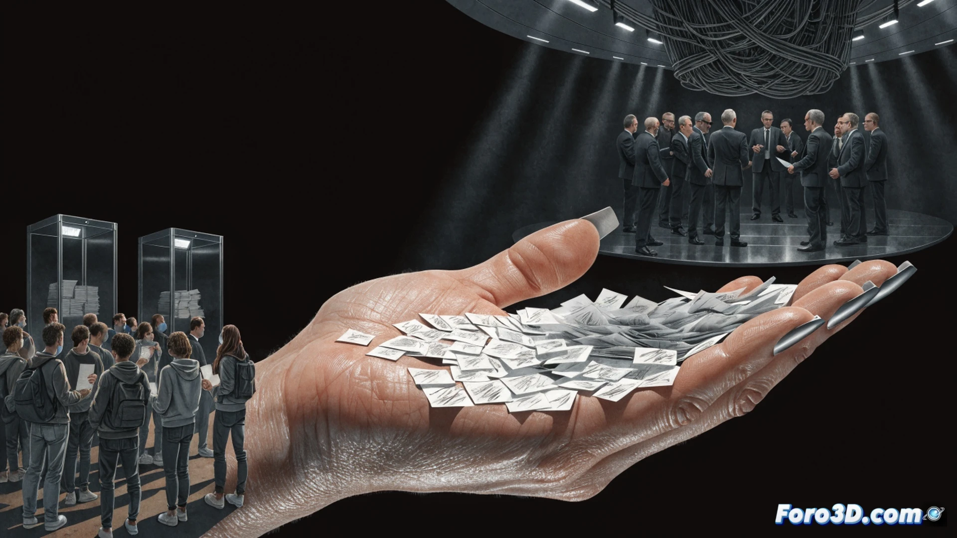 A voting booth interior with a glowing digital ballot screen showing a checkmark, a transparent glass box labeled with municipal council seals hovering above, hands reaching for the ballot but the glass box sliding away and sealing shut, a robotic arm holding a rubber stamp marked with a broken chain, dark shadows of politicians in suits watching from a blurred background, cinematic technical illustration, metallic voting machine components, red warning lights on the ballot processor, photorealistic political technology render, dramatic chiaroscuro lighting, cables and circuit boards exposed beneath the voting terminal