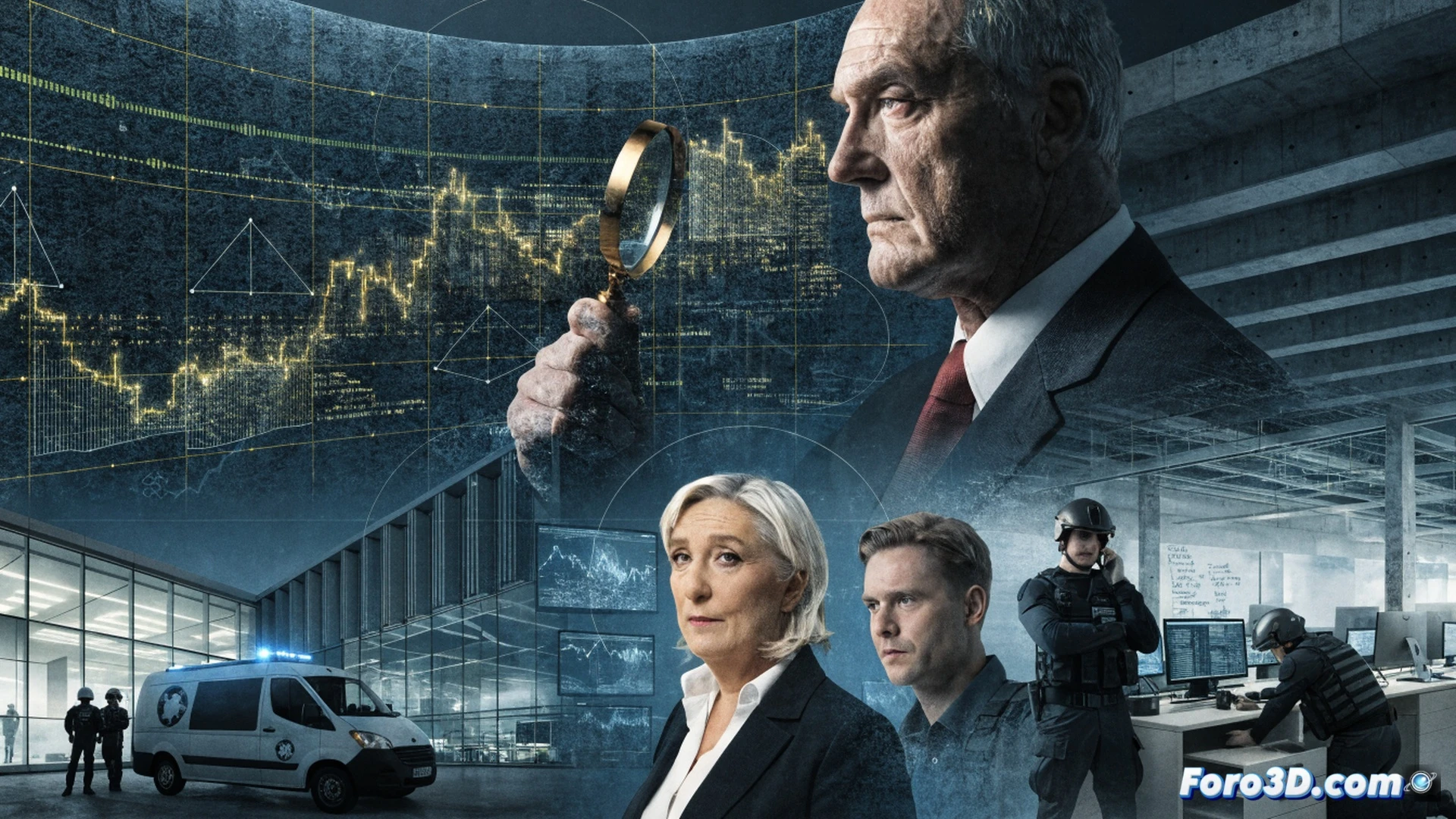 European Parliament chamber interior, investigators in dark suits examining stacks of EU documents on a long table, a large digital screen displaying an audit dashboard with red flags marking suspicious transactions, a forensic accountant pointing at a highlighted budget line showing 4.3 million euros discrepancy, scattered printed spreadsheets and a magnifying glass over a bank statement, cinematic photorealistic visualization, cold blue overhead lighting, intense focused atmosphere, ultra-detailed paper textures and screen reflections, dramatic shadows across the table, technical illustration style with precise financial data visuals.