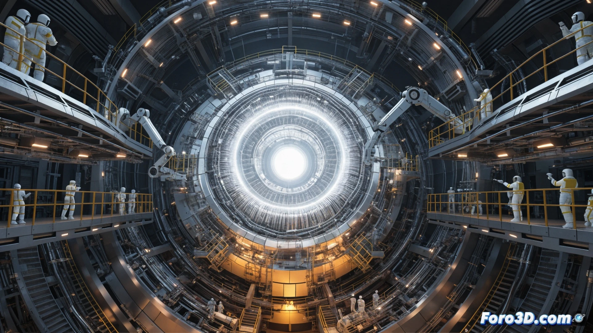 A massive tokamak reactor interior during plasma ignition, glowing blue-hot energy ring suspended by superconducting magnets, engineers in white clean suits monitoring holographic control panels showing real-time fusion data, high-voltage cables and cryogenic cooling pipes surrounding the core, sparkling plasma turbulence with magnetic field lines visualized as translucent arcs, industrial lighting reflecting off polished steel, cinematic photorealistic technical illustration, dramatic contrast between dark machinery and intense luminous plasma, ultra-detailed mechanical components