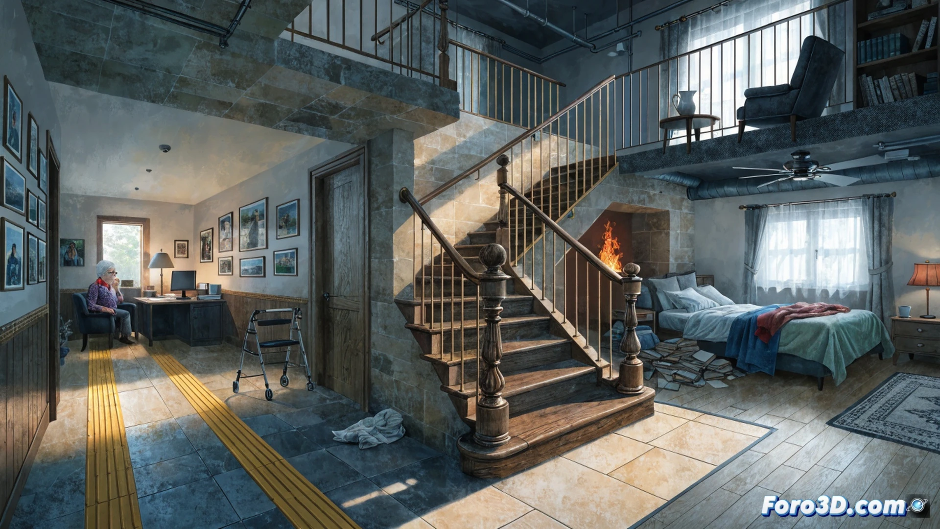 Photorealistic scene inside a modern senior living apartment, showing an elderly person in a wheelchair struggling to reach a smoke detector mounted high on a wall, while an inaccessible narrow doorway leads to a hallway filled with decorative furniture blocking the path, a visible fire extinguisher placed behind a locked glass cabinet, emergency exit sign hanging but route obstructed by a stylish rug and potted plant, dramatic contrast between elegant interior design and life-threatening safety flaws, cinematic lighting casting shadows on the ceiling, ultra-detailed textures of wood floor and fabric upholstery, tense atmosphere, technical illustration style emphasizing architectural barriers