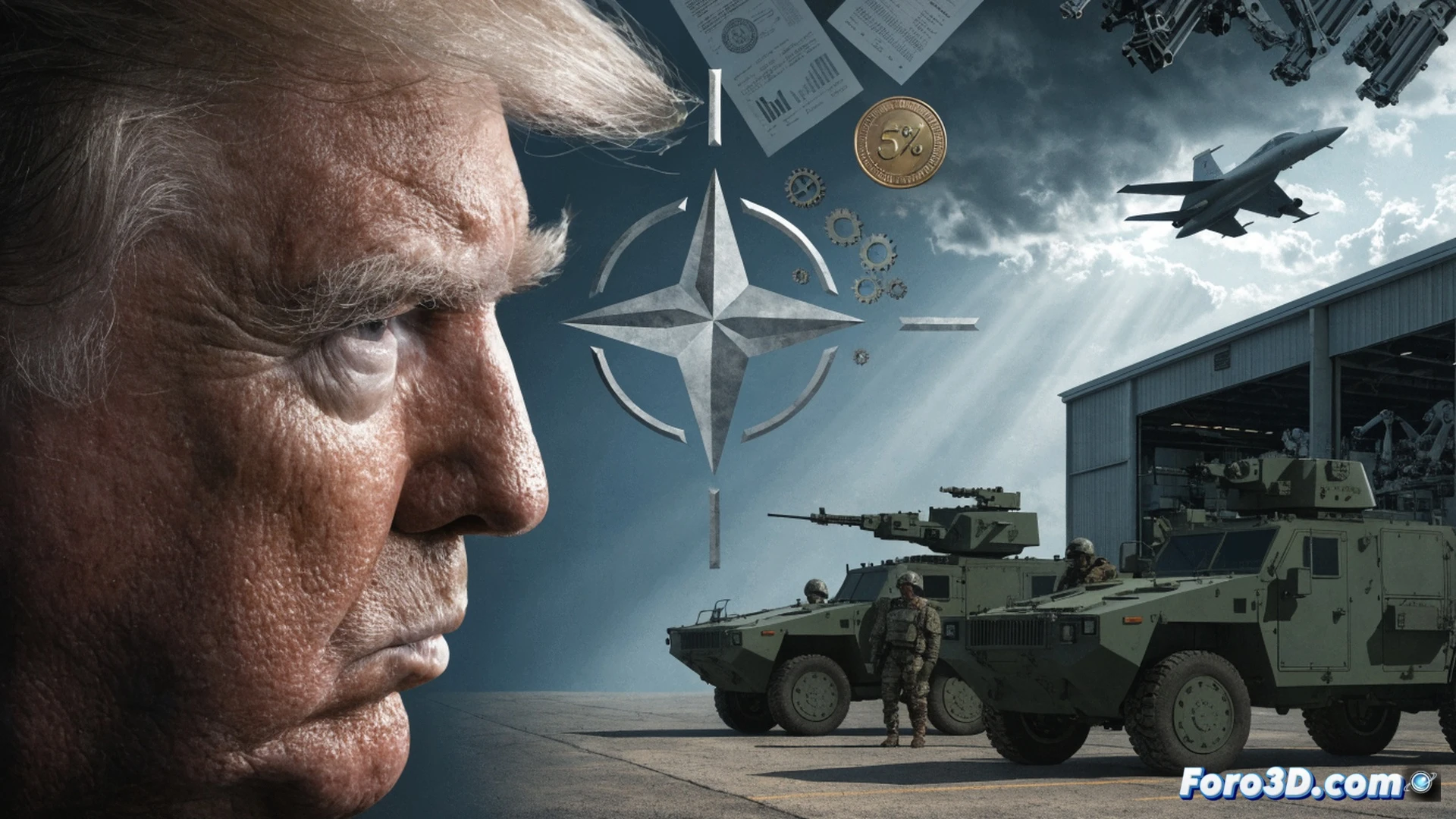 cinematic aerial view of NATO headquarters meeting table, Donald Trump figure gesturing aggressively toward European delegates, while behind him a transparent digital overlay shows US military-industrial complex factory floor, robotic arms assembling missile components, conveyor belts moving ammunition crates, holographic profit graphs rising above weapon systems, European flags wilting under pressure, dramatic chiaroscuro lighting contrasting warm gold on weapons production with cold blue on diplomatic scene, photorealistic technical illustration, ultra-detailed textures of polished metal and fabric, symbolic tension between diplomacy and war profiteering