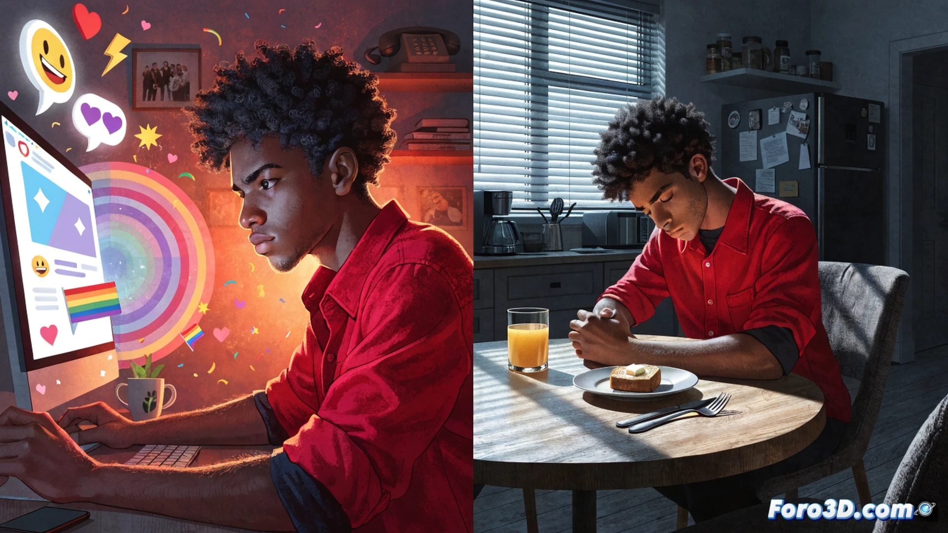estudio de animación digital, joven ilustrador LGBTQ+ frente a una tableta gráfica con un boceto de Kevin incompleto en pantalla, mientras sus manos sostienen una bandera arcoíris doblada y oculta bajo la mesa, padres discutiendo en segundo plano borroso, software de dibujo abierto con capas de color apagadas, lápiz stylus en pausa sobre el cristal, luz fría de monitor contrasta con cálida lámpara de escritorio, estilo cinematográfico realista, composición vertical, tonos azules y grises dominantes, expresión de tensión facial visible, simbolismo del silencio visual