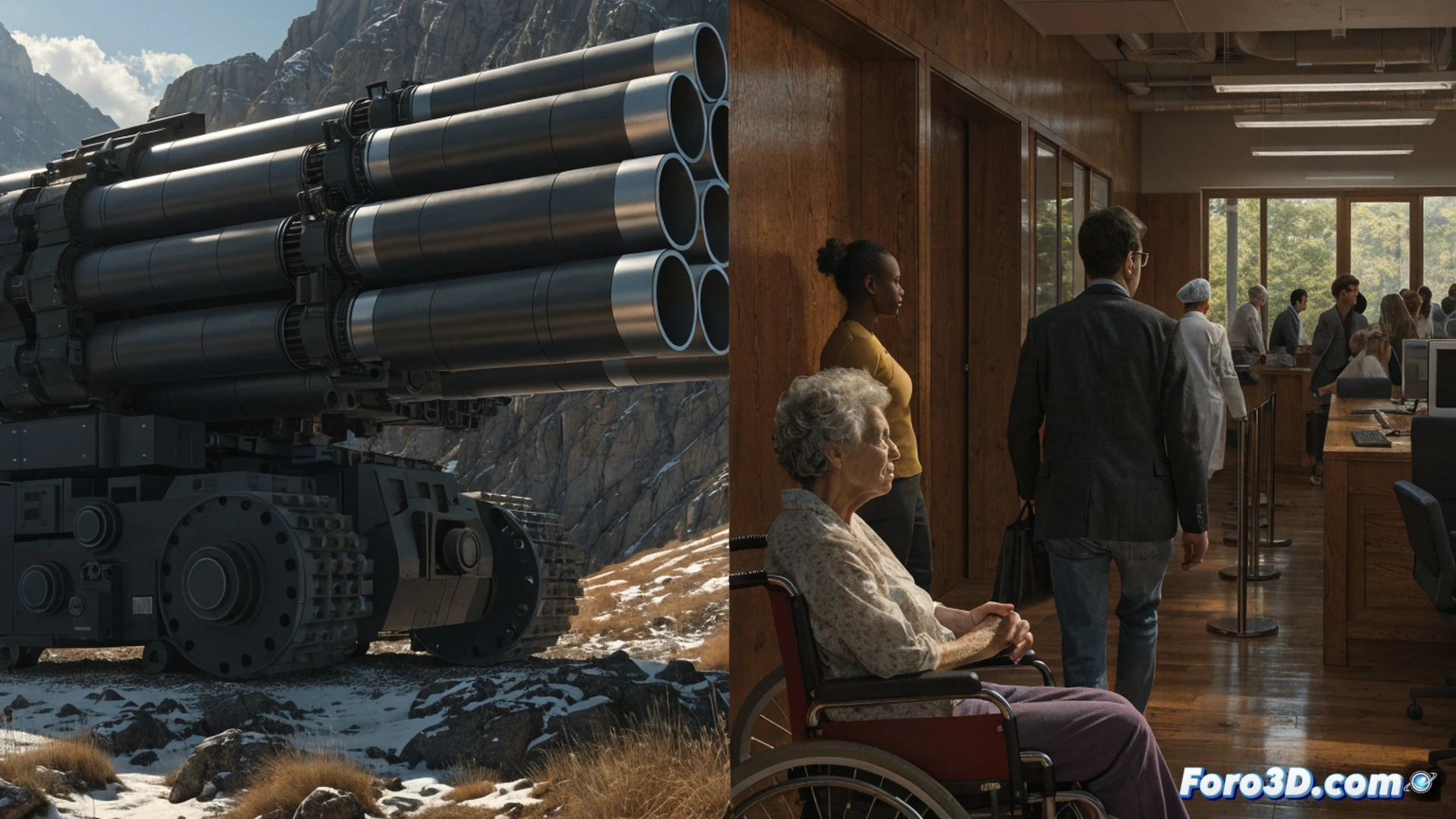 Photorealistic engineering visualization of a large military missile being assembled on a factory floor while hospital equipment and school books lie discarded in the foreground, workers turning away from medical tools to handle weapon components, bright industrial lights illuminating the contrast between polished warhead casings and rusted social infrastructure, dramatic shadows emphasizing the political choice, ultra-detailed mechanical structures, cinematic technical illustration style