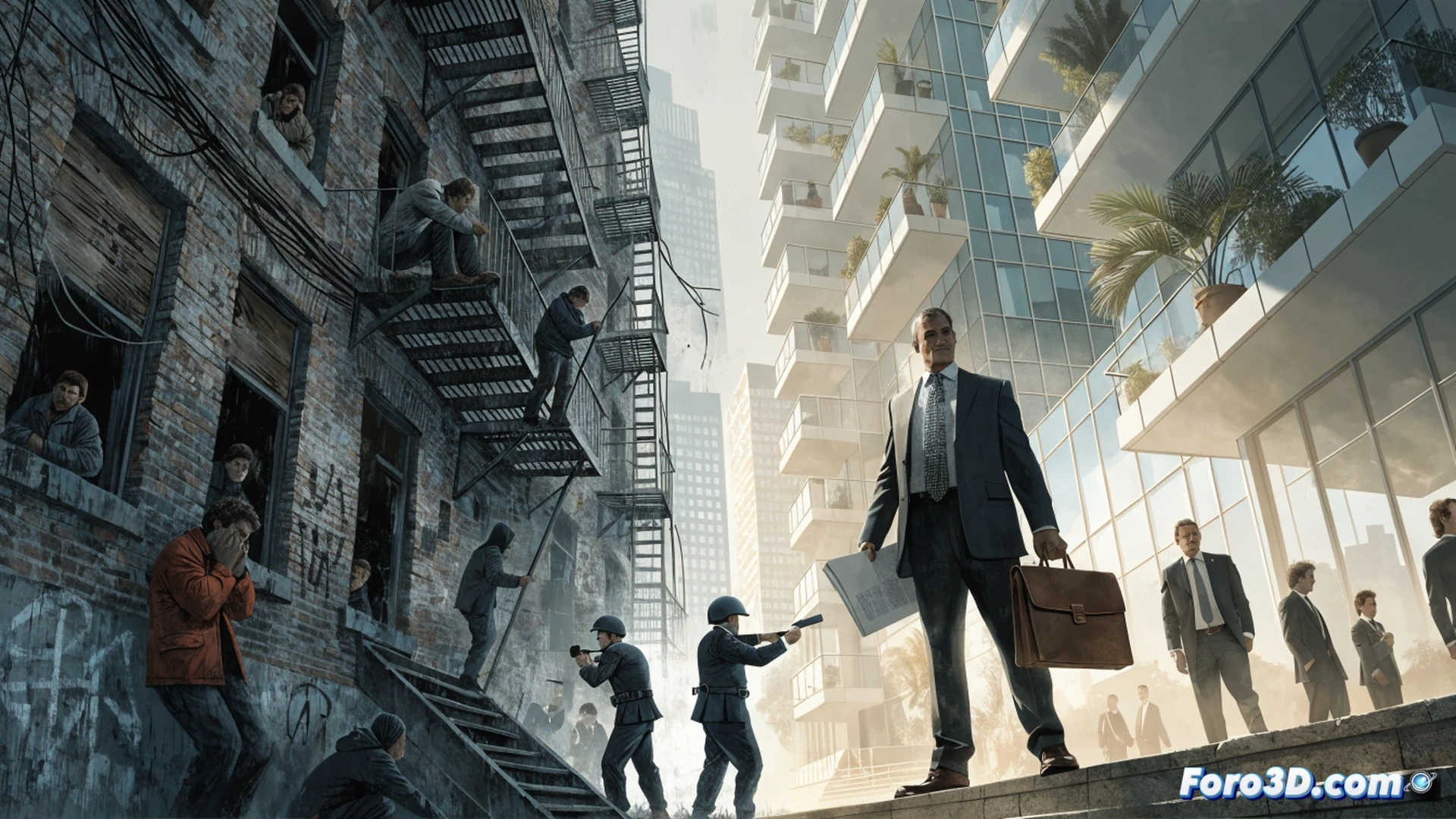 Photorealistic cinematic scene: abandoned urban street at dusk, a young person using a crowbar to open a sealed wooden door of a vacant building, rows of empty luxury apartments with dark windows visible behind, foreground showing a real estate agent’s clipboard with a sold sign discarded on the ground, broken security camera hanging from a wire, rusted metal fence, dramatic shadows from a single streetlamp, technical illustration style, gritty texture, high contrast lighting, hyper-detailed materials, no text or numbers visible.
