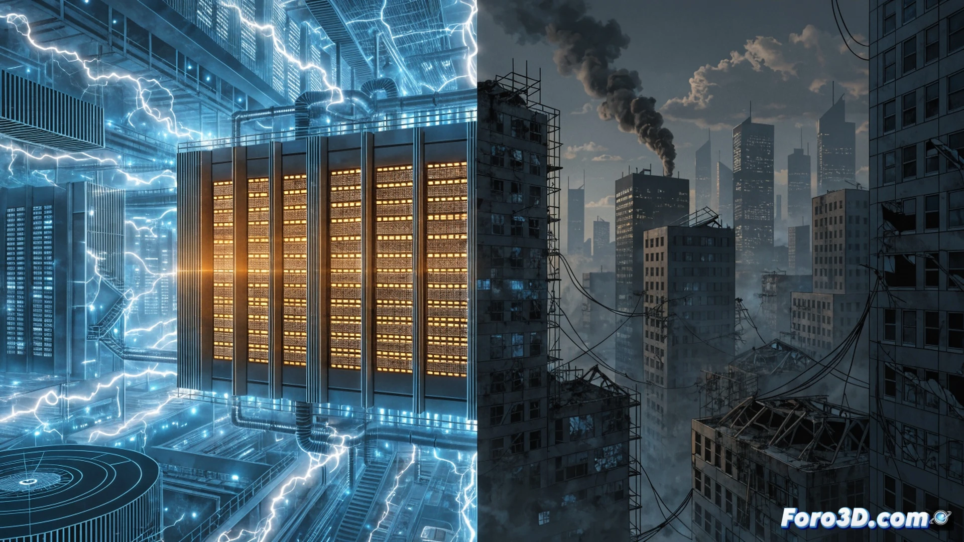 glowing server rack in a dark data center, electrical meter spinning rapidly while a glowing digital padlock icon hovers above, rows of blinking server LEDs, a transparent wireframe city grid visible through the window showing dimmed streetlights, a single faint lightning bolt crack branching from the rack into the grid, cinematic engineering visualization, photorealistic metallic surfaces, cool blue and orange ambient light contrast, dust particles floating in server exhaust heat, ultra-detailed cable management and cooling pipes, dramatic industrial shadowing, hyperrealistic technical render