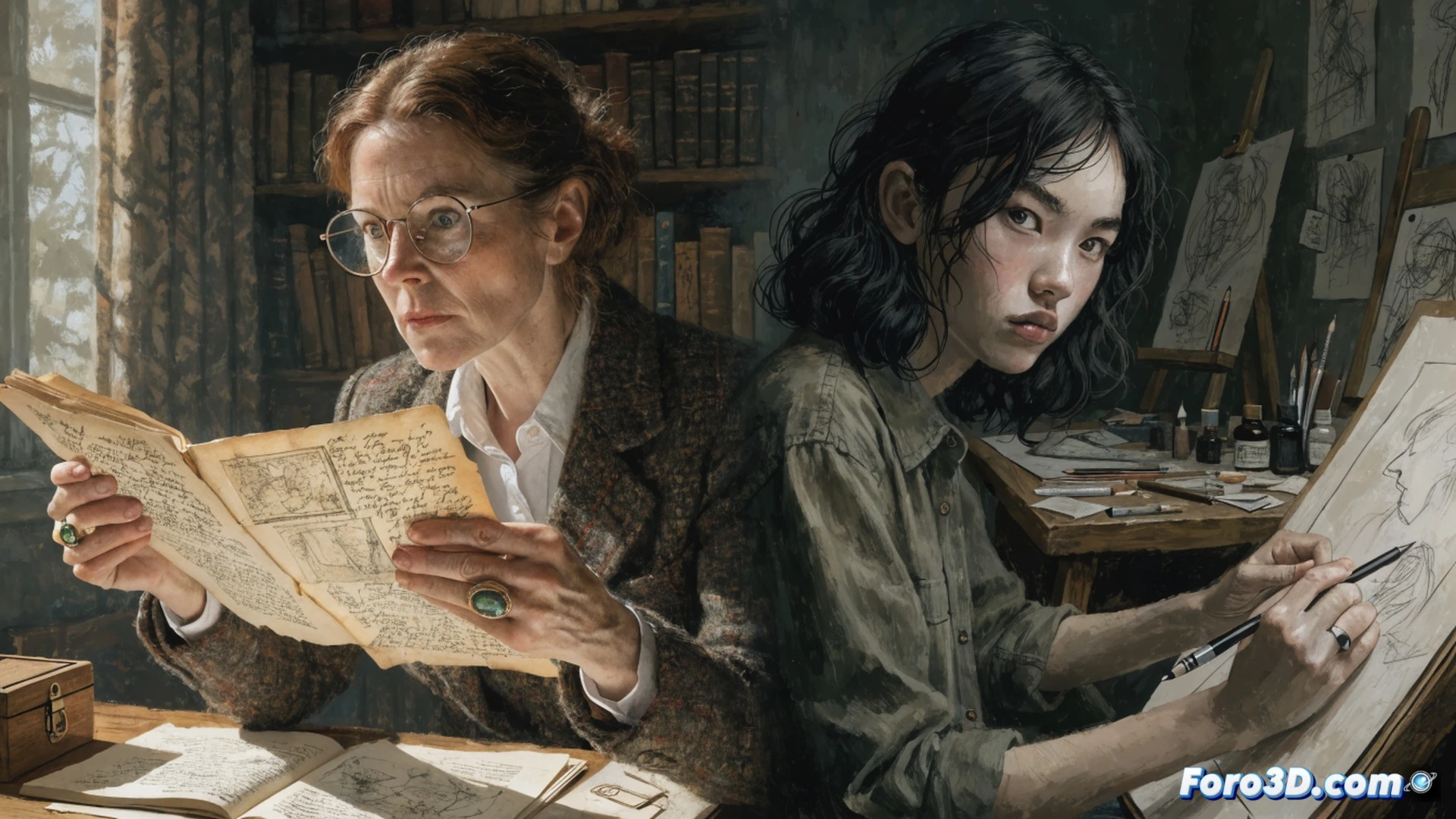 open research notebook with vintage photographs and handwritten notes spread across a wooden desk, historian's hands holding a printed novel graphic beside a laptop showing a digital plagiarism comparison, red underlines highlighting uncredited passages, a magnifying glass over a historical drawing of a 19th-century lesbian couple, legal documents with balance scales icon in background, dramatic side lighting casting shadows, photorealistic technical illustration, forensic detail on paper textures and ink, cinematic depth of field, ethical documentation scene
