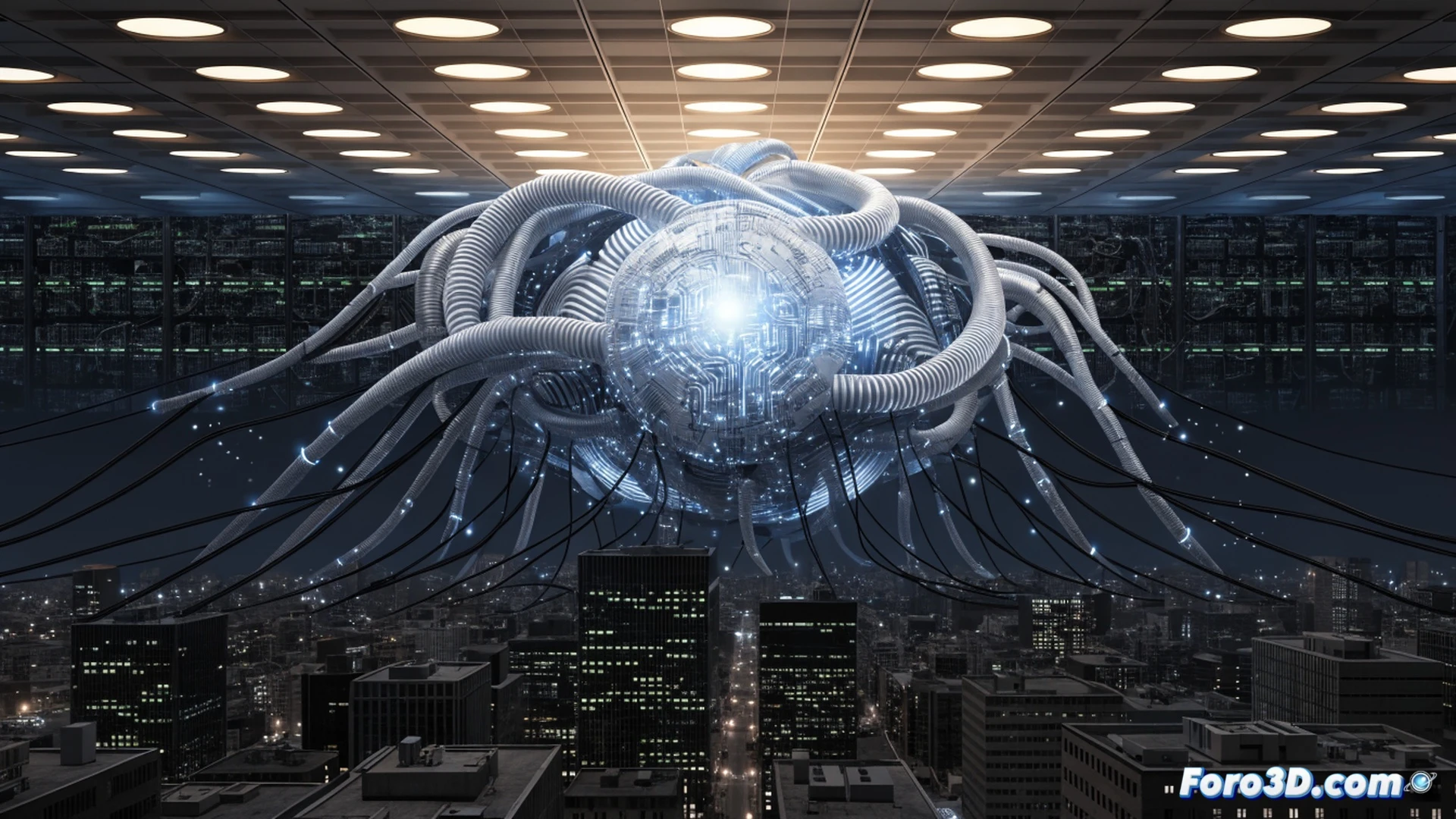 A glowing data center interior, rows of server racks with pulsing blue lights, a massive digital power meter displaying a sudden spike in consumption, warning indicators flashing red, electrical arcs visible at overloaded connection points, cables glowing with excess heat, cinematic photorealistic technical illustration, dramatic high-contrast lighting, sparks and energy discharges during peak demand, realistic industrial atmosphere, ultra-detailed hardware components, urgent visual storytelling