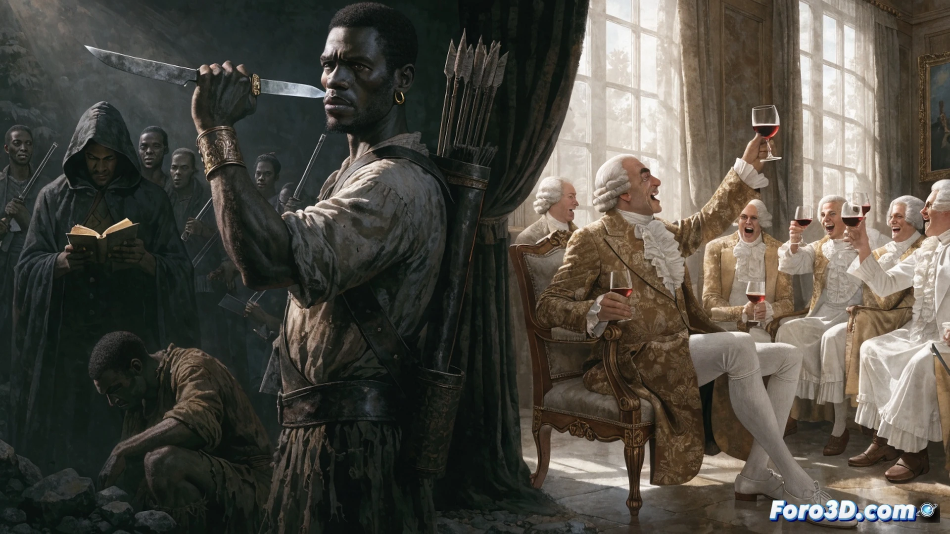 enslaved and free Black soldiers fighting in a chaotic jungle battlefield during the independence war, one Black man in ragged uniform raising a flintlock musket while another holds a broken sword, a white elite officer on horseback in the background turning away, ignoring them, dramatic chiaroscuro lighting, smoke and dust, oil painting cinematic style, historical realism, battle action, showing erased heroes, dark green and sepia tones, ultra-detailed textures, photorealistic historical illustration