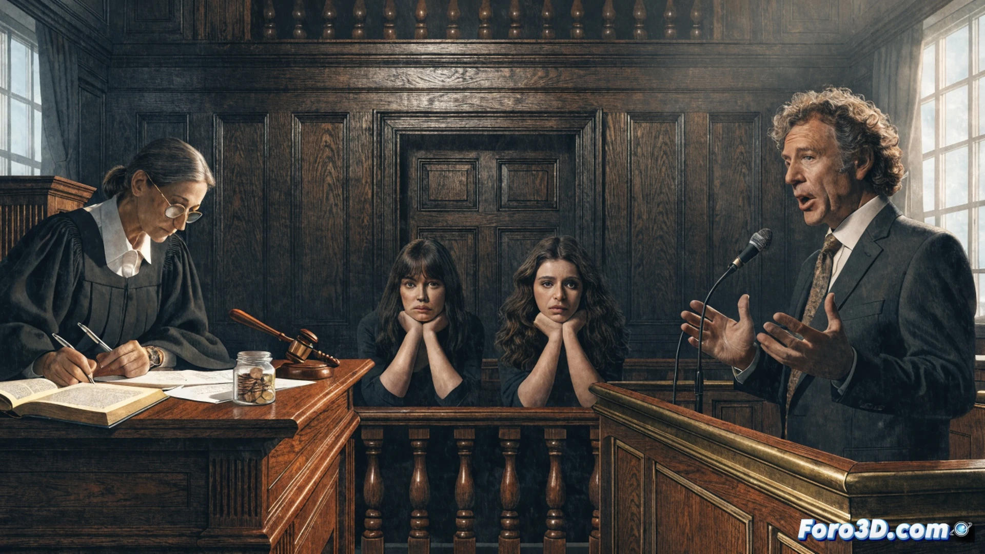 cinematic photorealistic scene of a judge examining a digital will document on a tablet in a modern courtroom, while a forensic accountant highlights financial pressure points on a holographic family tree showing inheritance flows, a psychiatrist’s notes and medication bottles visible on the desk, tense family members in the background, dramatic shadowy lighting, ultra-detailed legal and medical props, technical visualization of emotional manipulation evidence