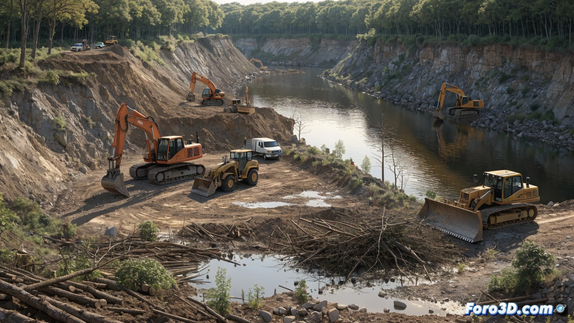terreno adyacente al Canal de la Expo durante obras de desbroce, excavadora amarilla con brazo hidráulico talando arbustos y arrancando maleza, montones de tierra y ramas apilados junto al canal, topógrafo con estación total midiendo el terreno mientras un ingeniero revisa planos en tableta, grúa torre al fondo sobre una estructura de hormigón en construcción, cielo despejado con luz de atardecer, estilo cinematográfico y fotorrealista, texturas detalladas de vegetación y maquinaria