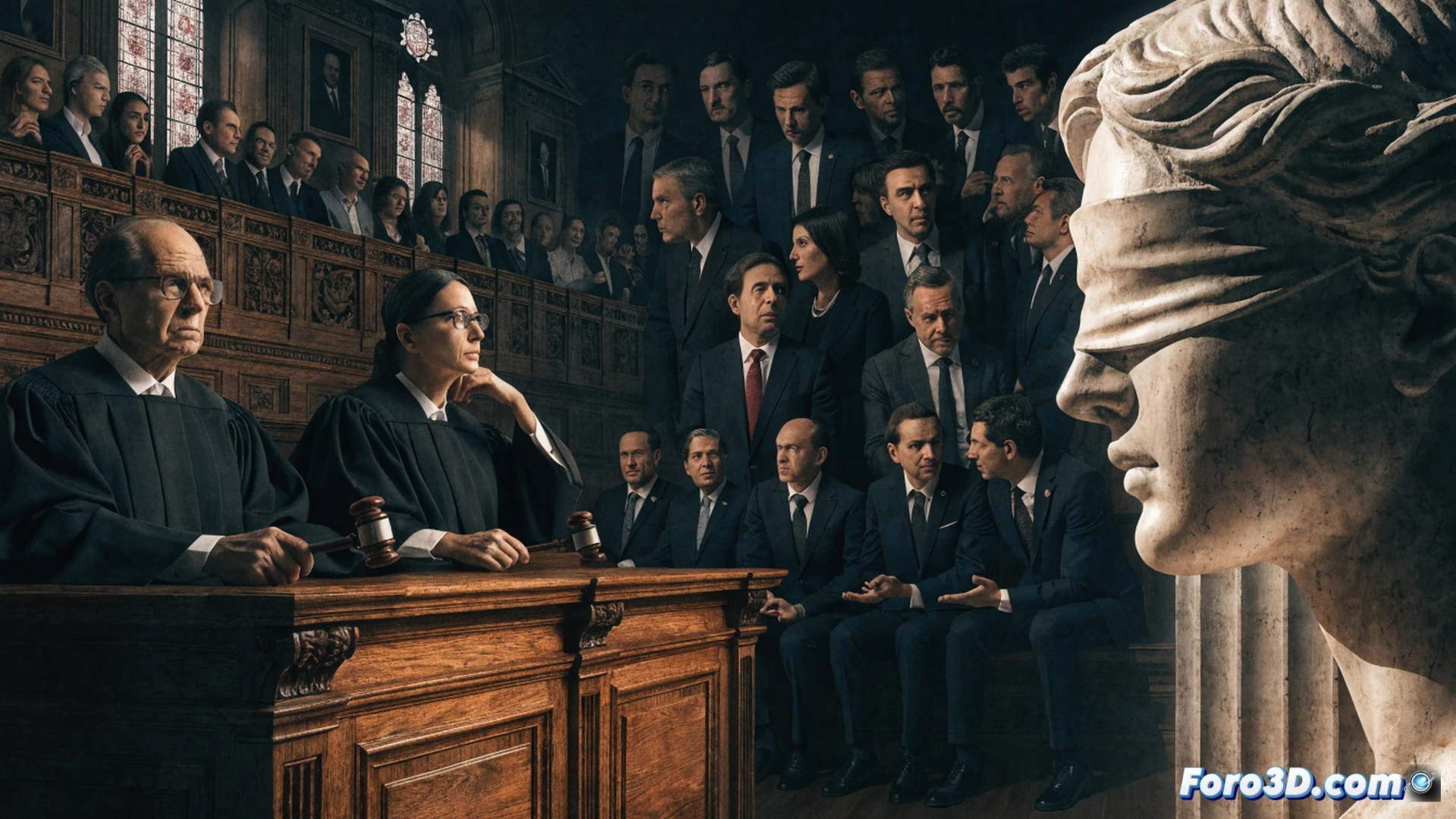 balanced scale of justice tilting heavily to one side, cracked marble base with visible fissures, Spanish flag fabric partially covering one scale pan while the other holds a gavel and law books, courtroom background with empty judge bench and broken security camera, surveillance monitors showing static, dust particles floating in dramatic spotlight, photorealistic technical illustration, cinematic chiaroscuro lighting, cold blue and grey color palette, ultra-detailed textures of metal corrosion and stone wear, symbolic representation of institutional imbalance, forensic evidence photography style