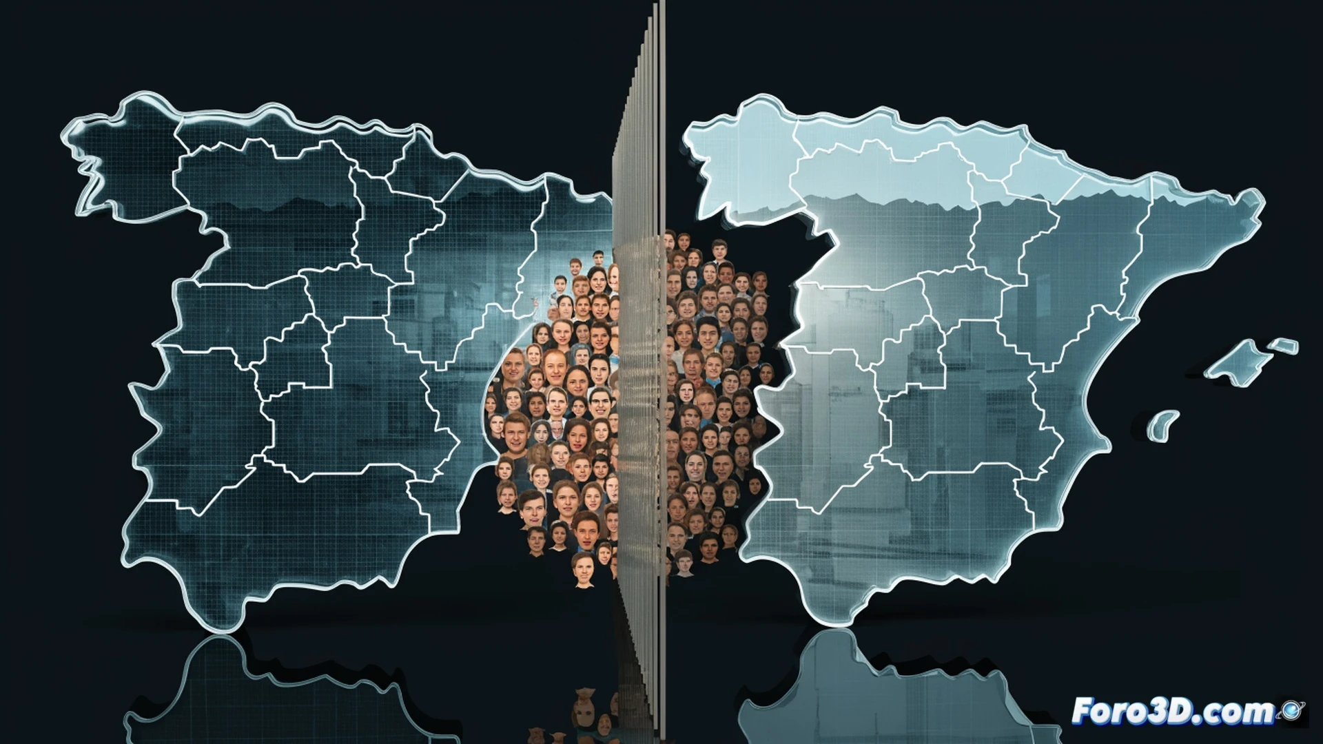 Mapa electoral de España roto en fragmentos flotantes, mientras una mano enguantada inserta un documento de nacionalidad en un escáner de mesa, censo digital creciendo en una pantalla retroiluminada con gráficos de barras, votos cayendo como fichas de dominó reconfigurando el escaño final en una provincia, estilo cinematográfico, iluminación tenue de sala de control, tonos azules y rojos saturando los bordes del mapa, realismo técnico con texturas de papel oficial y plástico de carnet, fotorealista, render de alta definición.