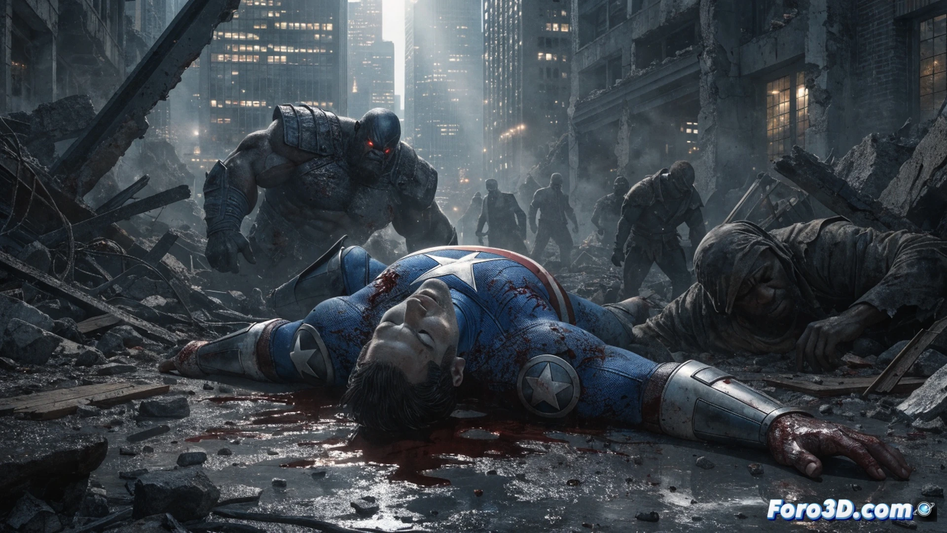 Superhero corpse lying forgotten on a battlefield, shield shattered into fragments nearby, muddy boot prints on the broken star emblem, discarded villain flag draped over a ruined monument, empty heroic pose abandoned mid-fall, cinematic comic book style, desaturated colors, harsh shadows, rain-soaked ground reflecting faint light, dramatic low angle shot, ultra-detailed costume texture, photorealistic technical illustration, emotional weight of wasted sacrifice