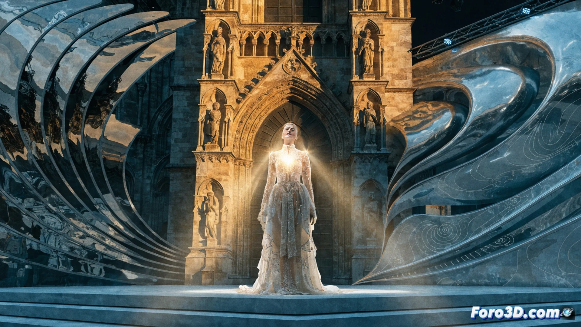 large open-air opera stage in Aix-en-Provence at dusk, Klaus Mäkelä conducting an orchestra with precise baton movement, Barrie Kosky’s surreal set design featuring a translucent female figure floating above the stage, her shadow absent, while stagehands adjust lighting rigs and projection beams, audience members in elegant attire watching intently, dramatic chiaroscuro lighting on stone amphitheater, cinematic photorealistic style, ultra-detailed textures of stage machinery and musical instruments, action of performance and technical crew coordination visible simultaneously