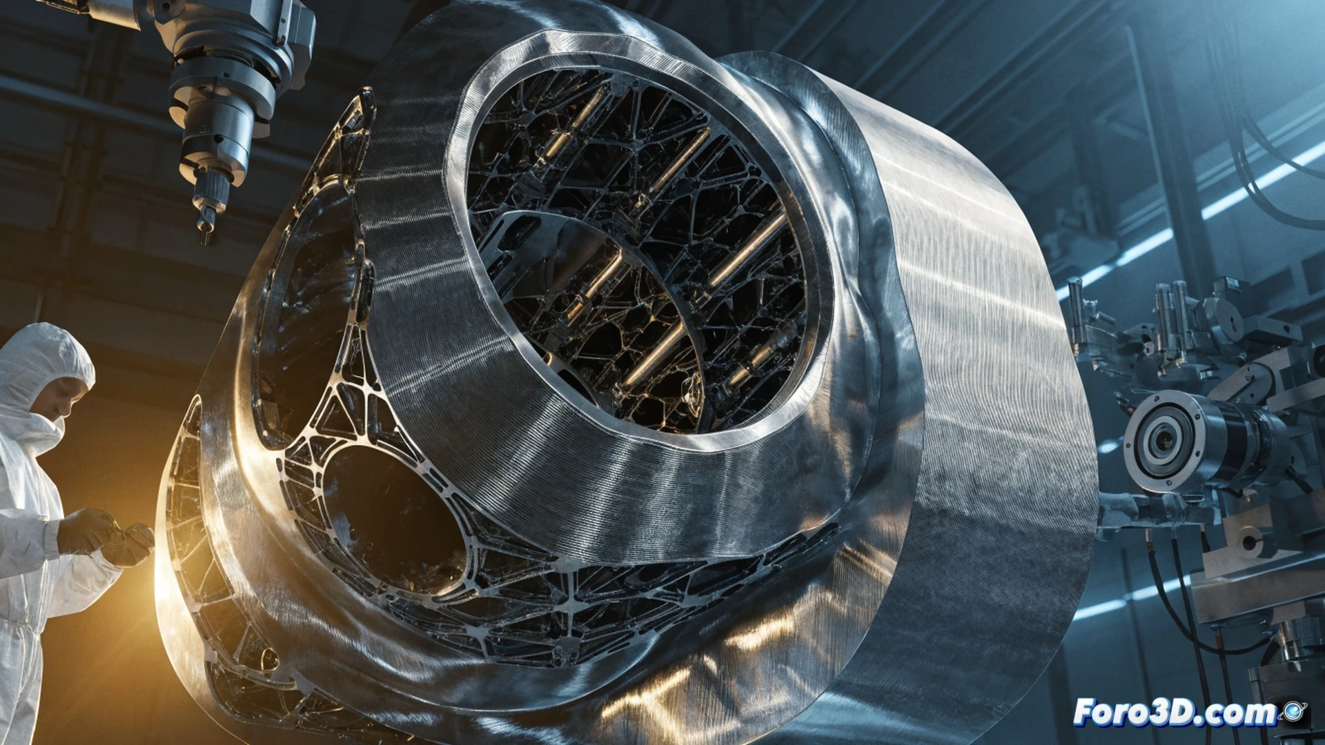 Metal 3D printer nozzle depositing molten Inconel alloy layer by layer, building a rocket combustion chamber with visible lattice structures, robotic arm moving during post-processing, high-pressure hot isostatic pressing chamber in background, cross-section view revealing internal cooling channels, extreme temperature gradients shown with heat glow, engineering visualization style, photorealistic industrial lighting, metallic surface reflections, ultra-detailed mechanical components, dramatic workshop atmosphere