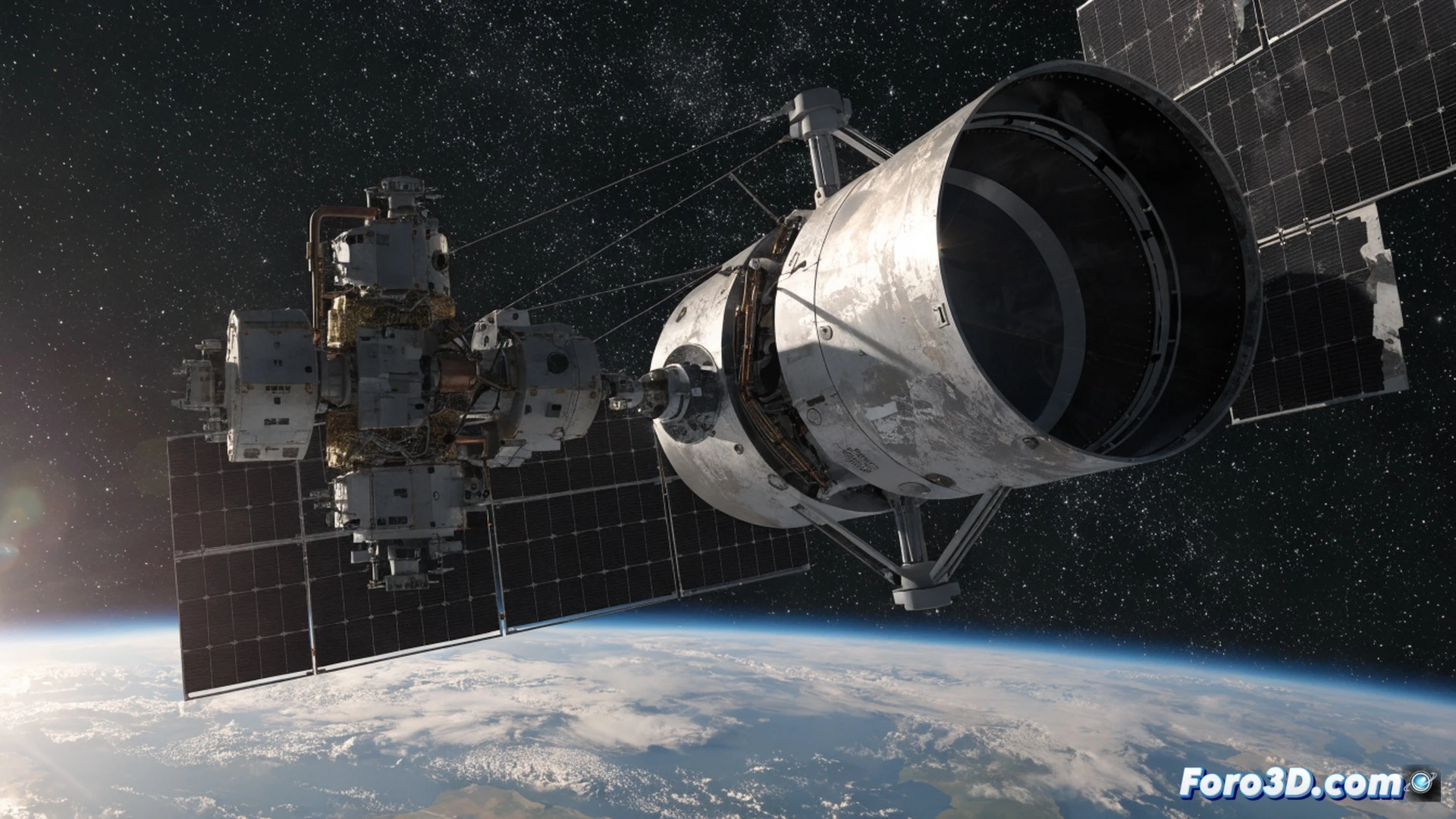 Satellite LINK extending robotic arms toward aging Swift telescope in low Earth orbit, mechanical grippers latching onto Swift solar panels during orbital rendezvous, thrusters firing to raise altitude, glowing Earth horizon in background, starlit space, detailed solar arrays and antenna dishes, cable conduits and sensor panels visible, cinematic engineering visualization, photorealistic spacecraft textures, dramatic cosmic lighting, motion blur from orbital drift, hyper-detailed mechanical joints and propulsion nozzles, technical illustration style.