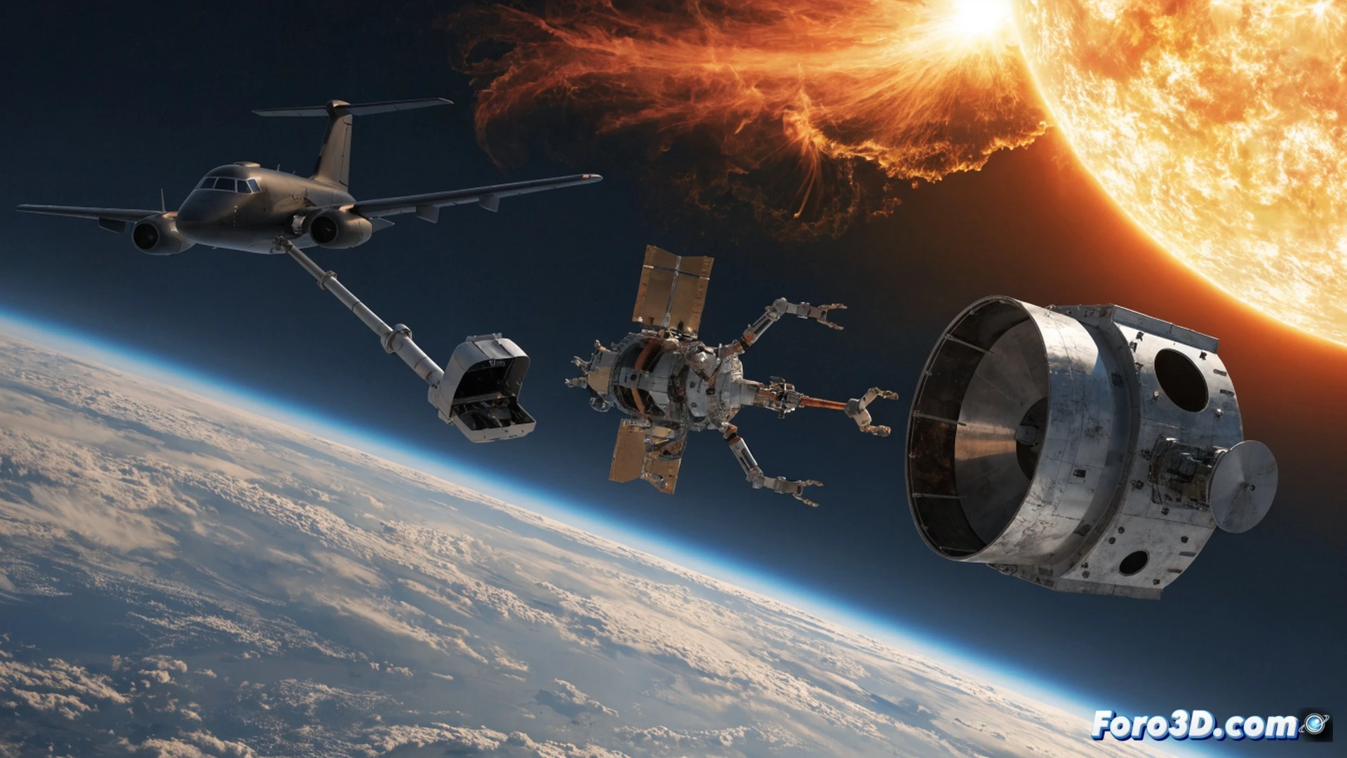 Robotic arm LINK deploying from aircraft-mounted rocket mid-launch, Swift satellite in low Earth orbit above solar flare, glowing plasma waves hitting telescope solar panels, robotic claw extending toward satellite service port, rocket exhaust trail curving upward from jet fuselage, cinematic engineering visualization, photorealistic metallic textures, dramatic atmospheric lighting, hyperspace-like speed lines, intense orange solar corona, ultra-detailed mechanical joints and wiring, technical rescue mission aesthetic