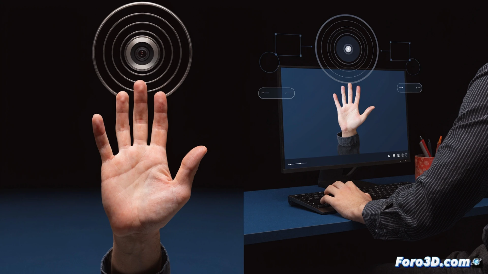 Photorealistic technical illustration of a user's hand held open in front of a webcam on a laptop screen, showing the reCAPTCHA verification process with a glowing green hand silhouette overlay, while a second monitor displays a virtual camera software interface with a static photo of a hand selected, demonstrating the bypass trick, close-up of the webcam lens and keyboard, dramatic studio lighting with blue and cyan tones, ultra-detailed skin texture and screen reflections, cinematic engineering visualization, cyberpunk security theme