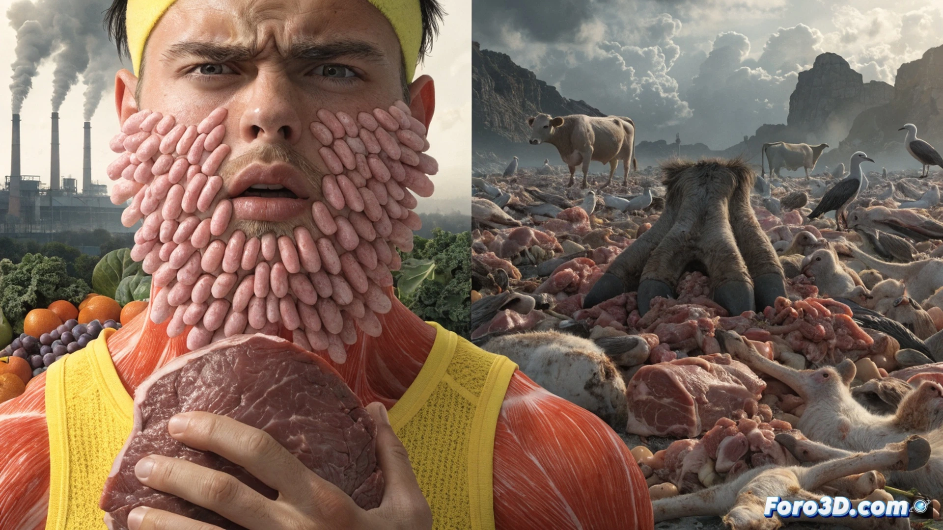 balanced dinner plate being visually dissected, a large steak portion shrinking while vegetables and legumes expand, measuring tape wrapping around overloaded kidneys in translucent anatomical overlay, carbon footprint meter rising beside a factory farm in background, cinematic photorealistic health visualization, dramatic chiaroscuro lighting, steam rising from plant-based dishes, knife slicing through tofu block, fork piercing quinoa salad, digital nutrient breakdown chart fading into organic shapes, ultra-detailed food textures, soft warm ambient light contrasting with cold industrial glow, hyperrealistic composition
