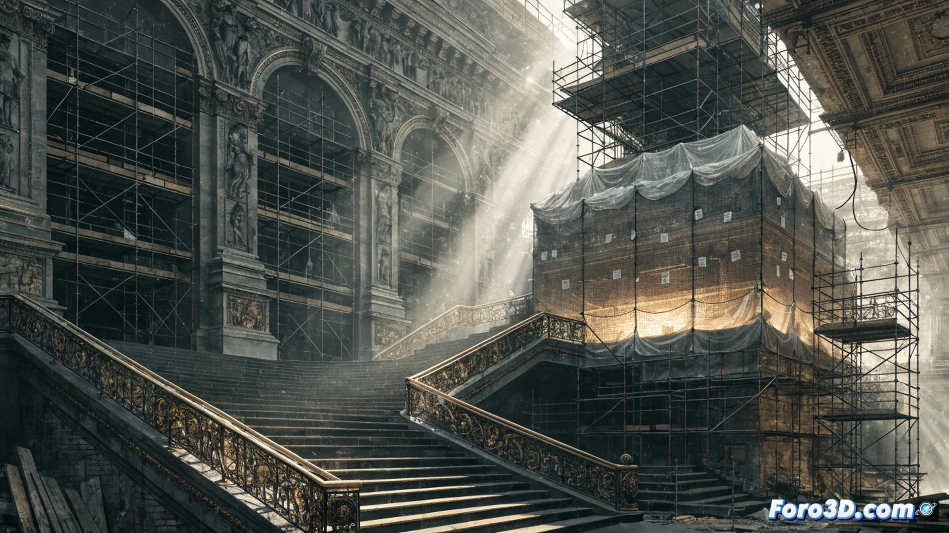 Palacio de la Ópera de París parcialmente oculto por andamios metálicos oxidados, grúas amarillas elevando vigas de acero sobre la fachada ornamentada, trabajadores con cascos blancos inspeccionando grietas en la cúpula central durante la renovación, plano general mostrando carteles de construcción y cinta de seguridad roja bloqueando la entrada principal, luz de atardecer filtrándose entre el entramado de estructuras temporales, polvo de piedra suspendido en el aire, estilo fotorealista cinematográfico, texturas de mármol desgastado y metal corroído, profundidad de campo amplia, atmósfera de proyecto detenido y costos acumulados